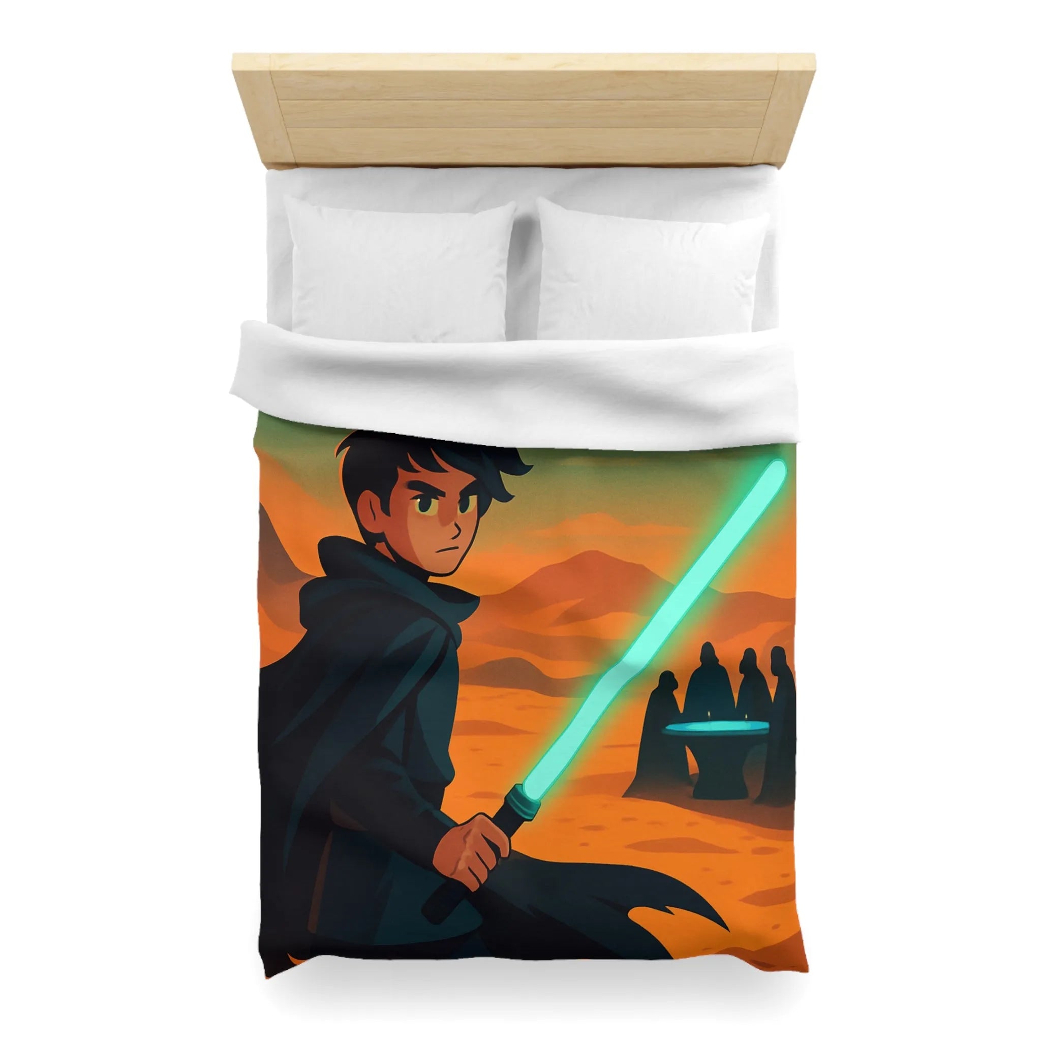 Épique scène de science-fiction avec héros sabre lumineux et vaisseau spatial en arrière-plan