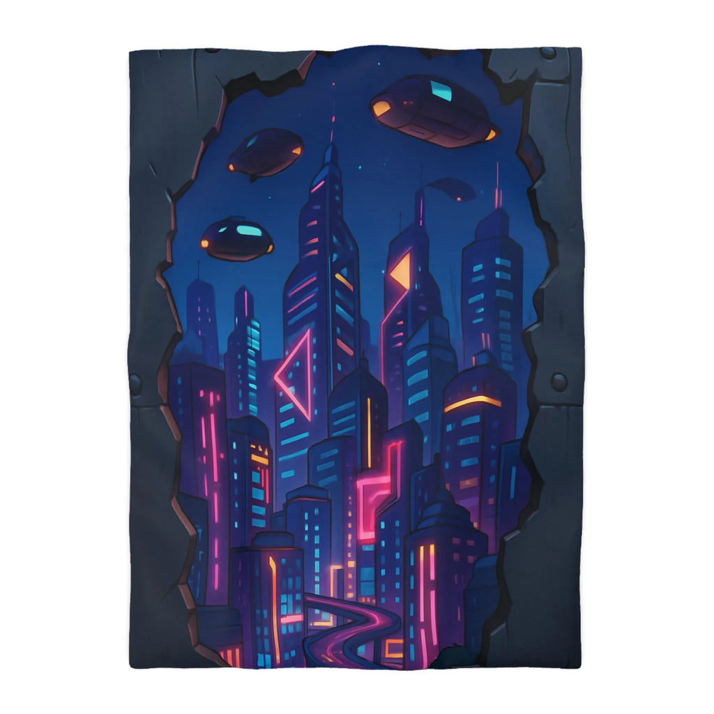Housse de couette futuriste avec ville néon et vaisseaux spatiaux illuminés