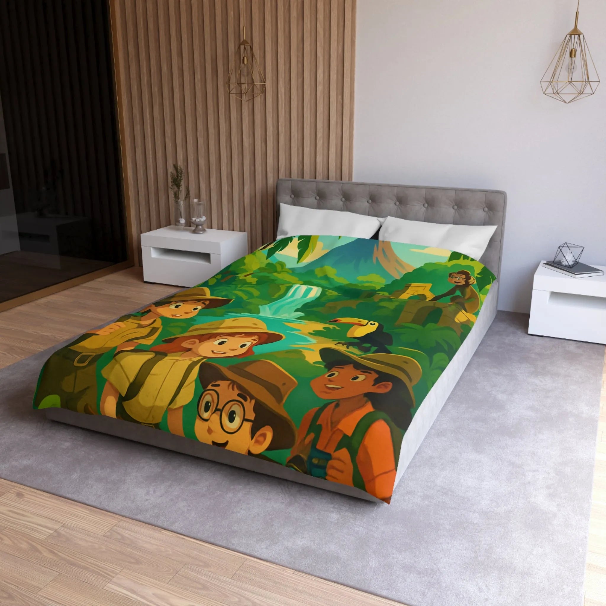 Housse de Couette Jungle Aventure Enfants avec Toucan, Monuments et Cascade Colorés