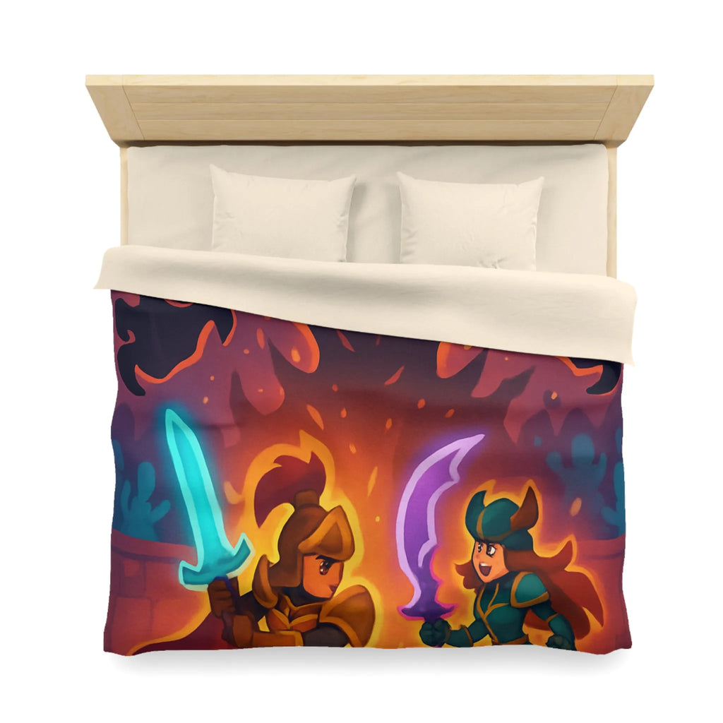Housse de couette avec illustration fantasy de chevaliers affrontant ombre menaçante au théâtre