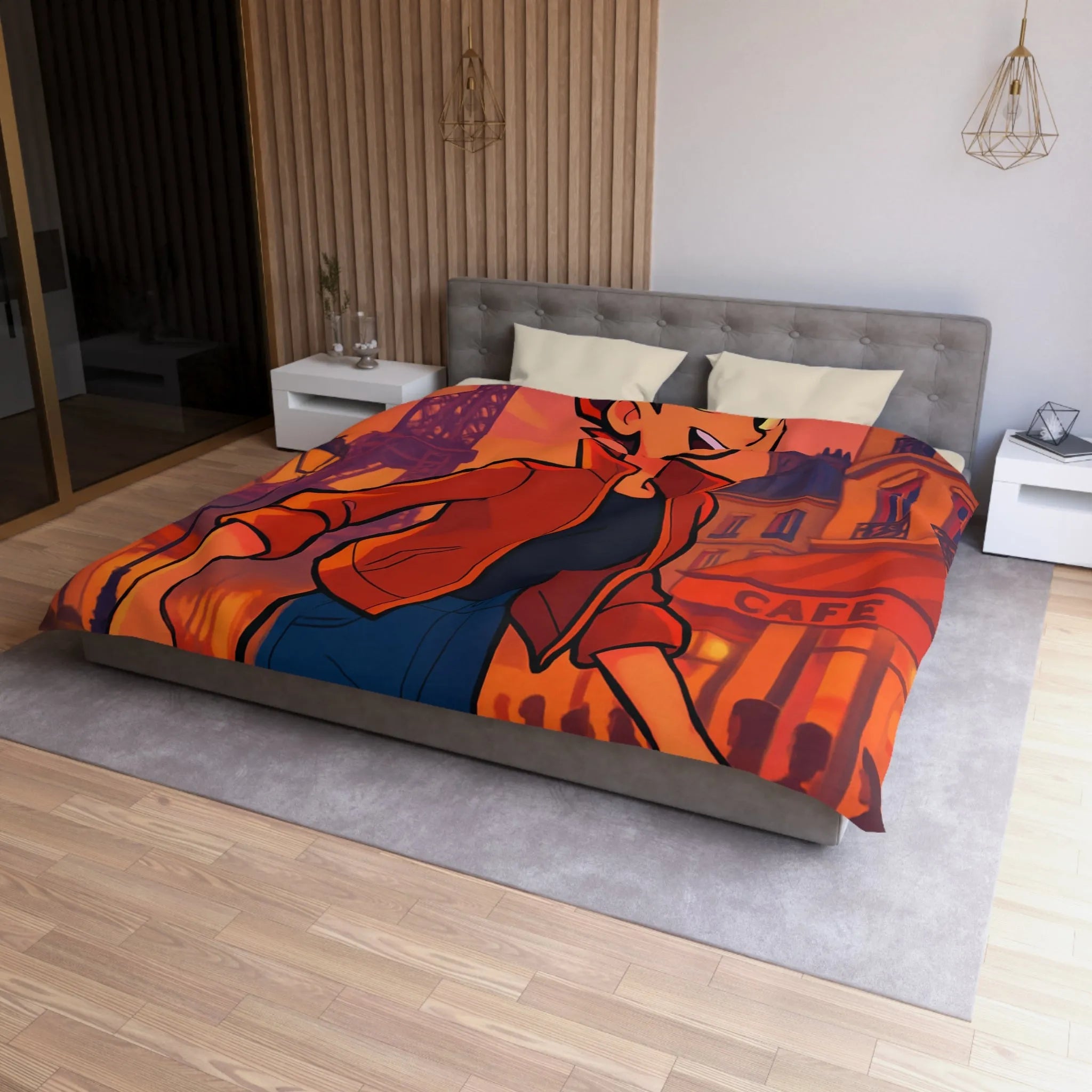 Housse de couette colorée avec illustration parisienne animée d'une silhouette joyeuse