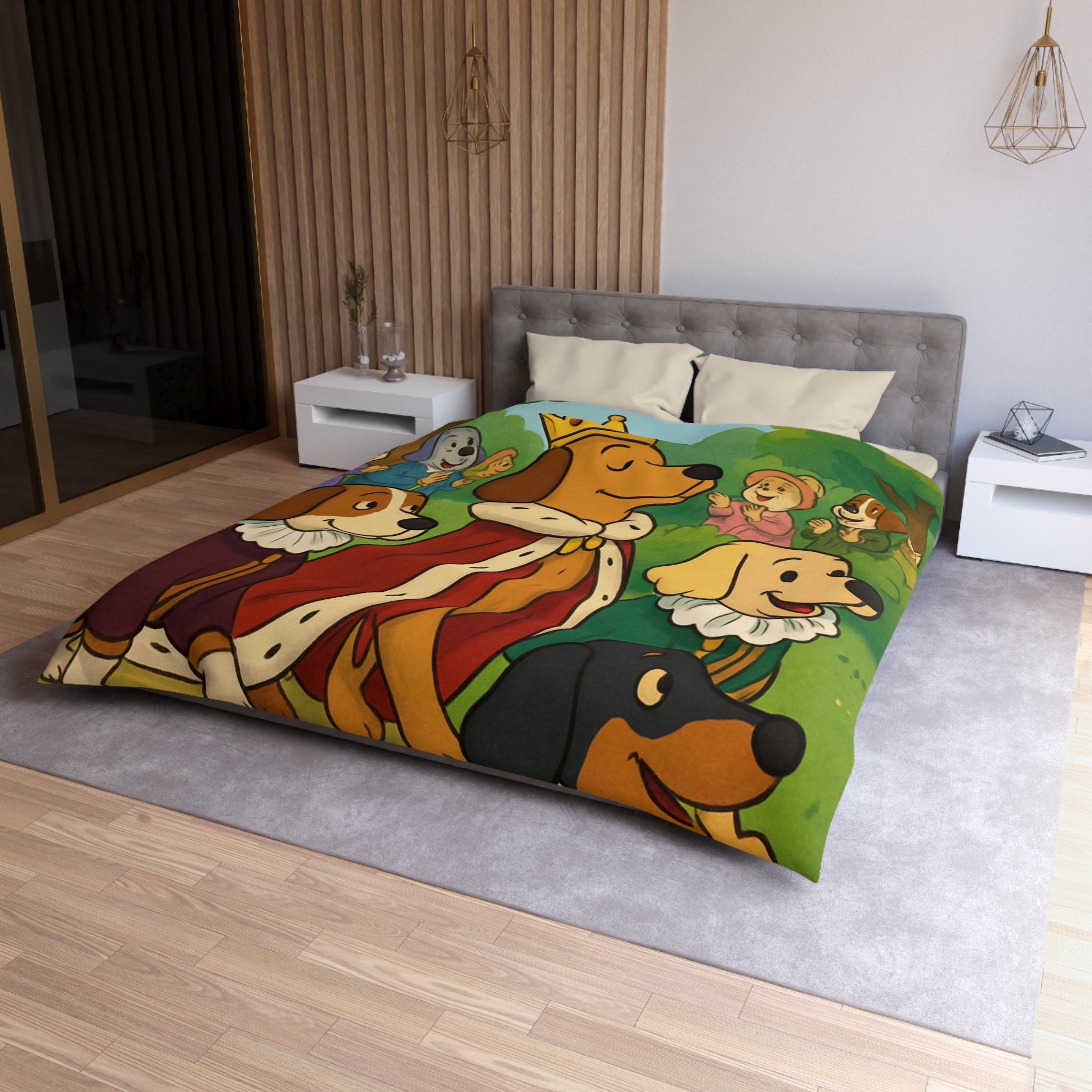 Housse De Couette Pour Enfants Avec Chiens Royaux En Promenade Dans La Forêt Magique