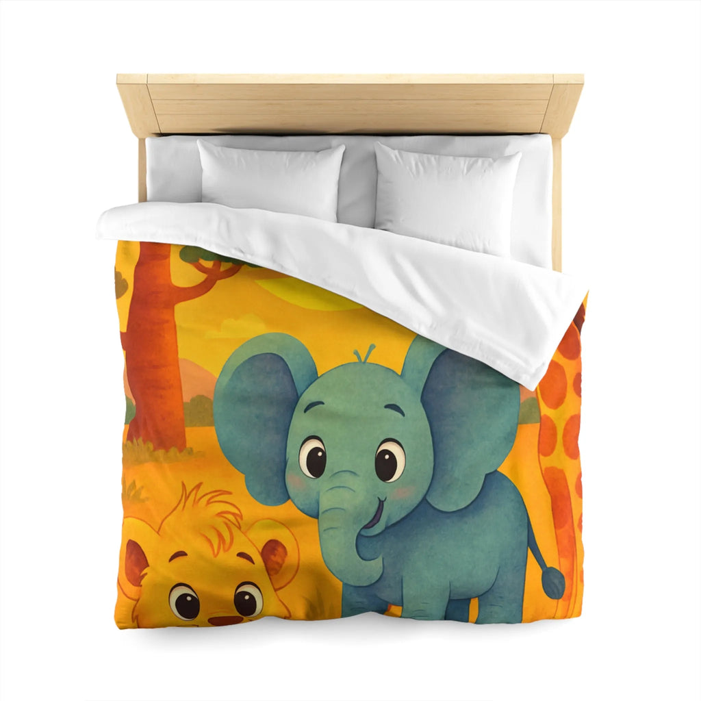 Housse de couette enfants safari animaliers avec lion, éléphant et girafe rigolos