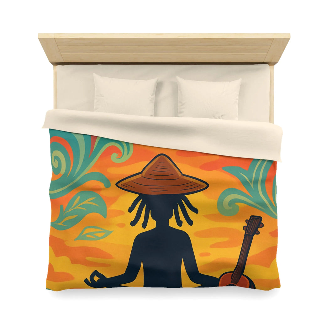 Housse de couette avec silhouette méditative et nature vibrante sous coucher de soleil coloré