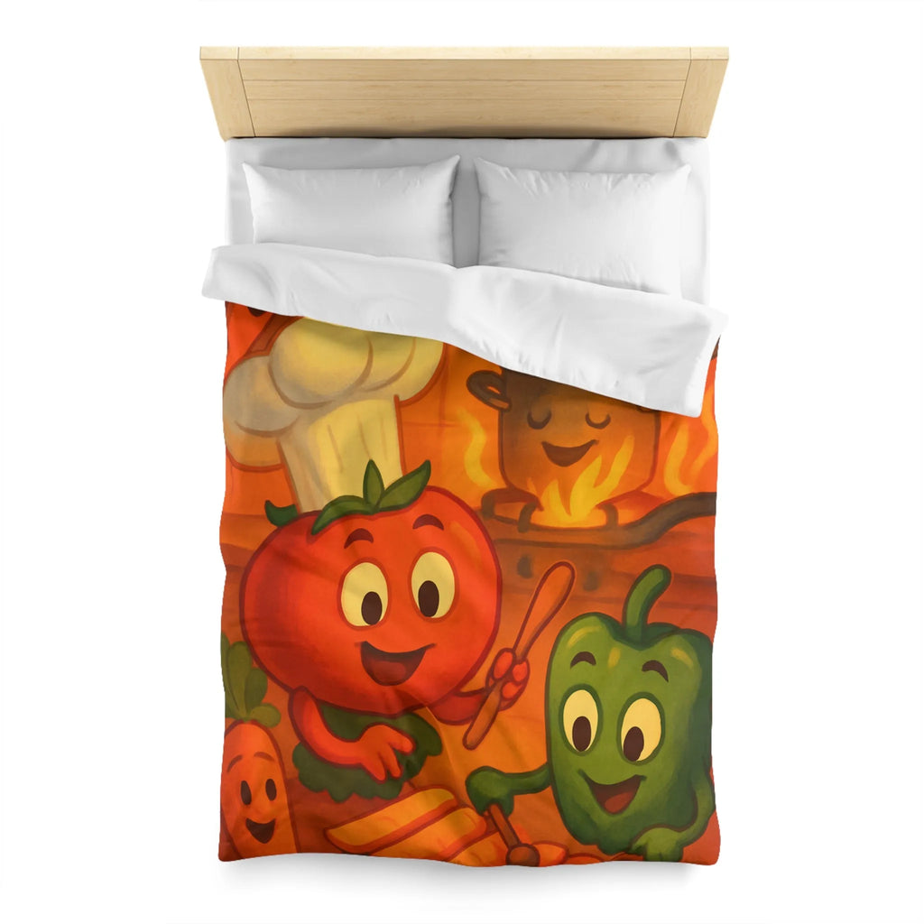 Housse de couette illustrée avec légumes adorables jouant dans une cuisine animée orangée