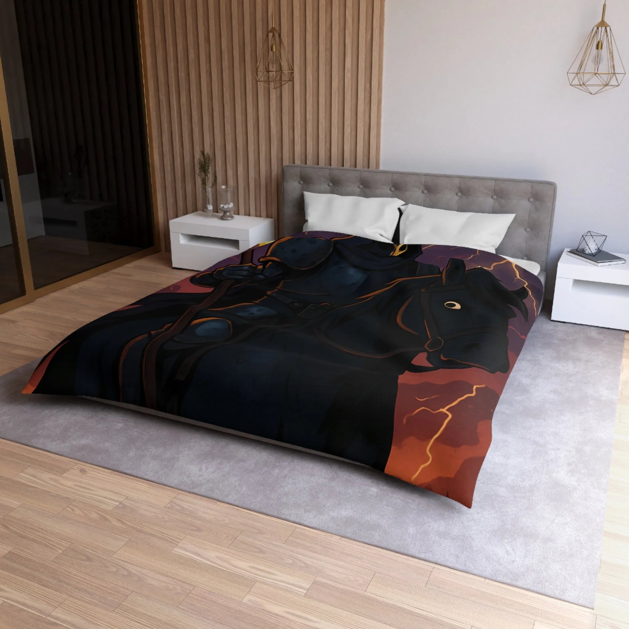 Housse de couette à motif intrigant avec faucheuse menaçante et cheval sombre en action