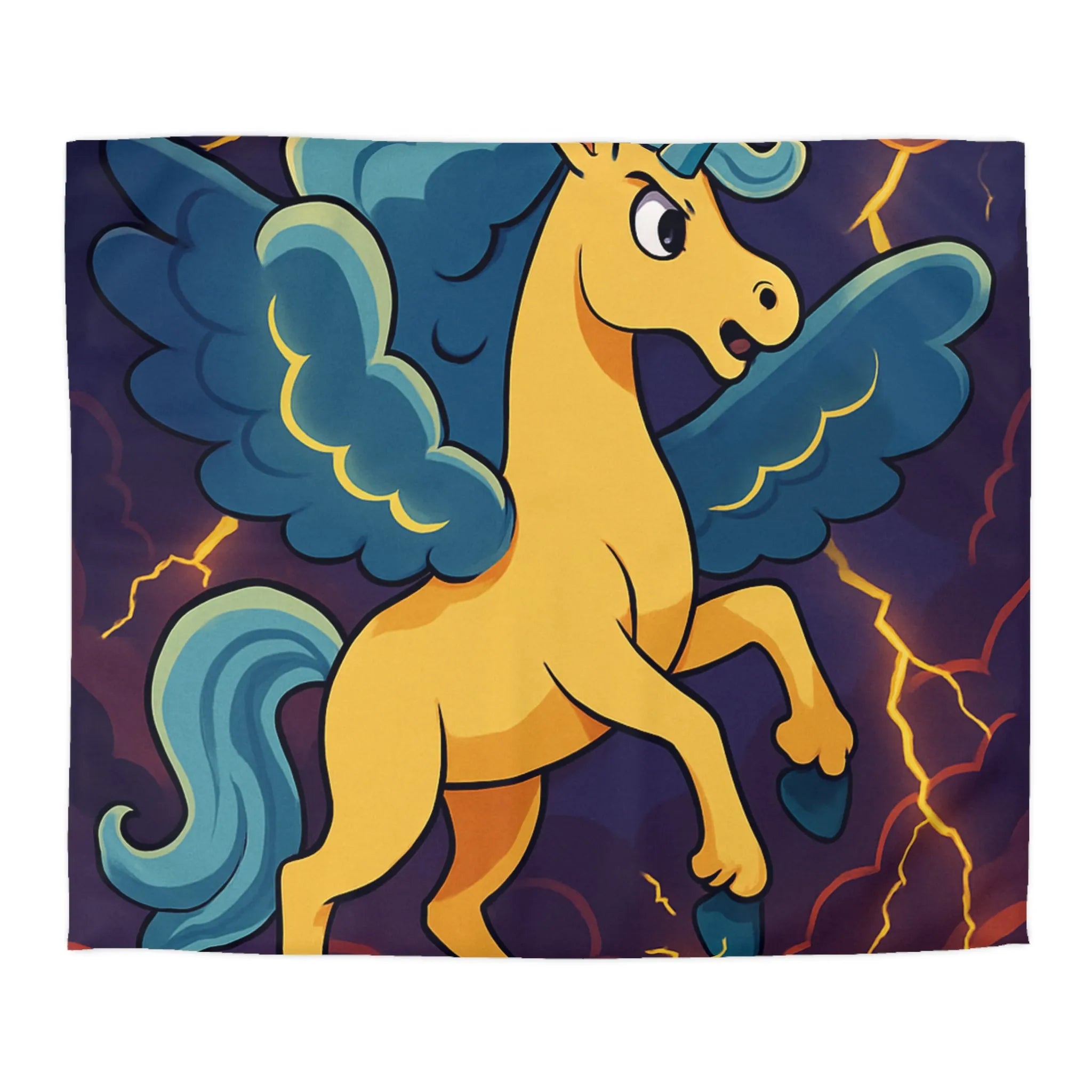 Housse de Couette Fantaisie Licorne Ailée avec Nuages Orageux et Éclairs Majestueux