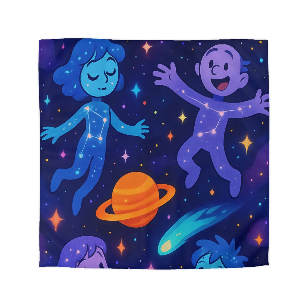 Housse de couette enfants thème espace cosmos personnages flottants planètes étoiles coloré