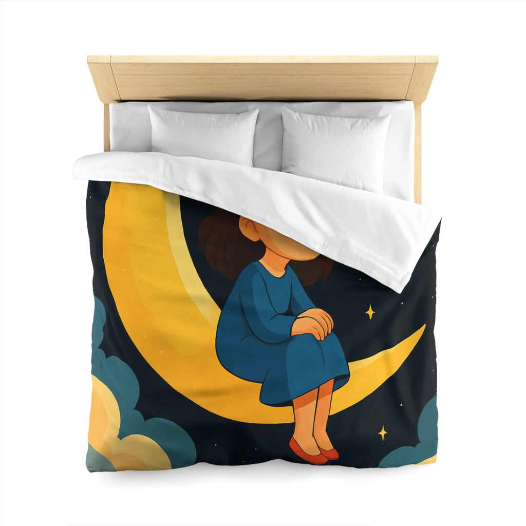 Housse de couette avec lune jaune, ciel étoilé et fille pensive en bleu