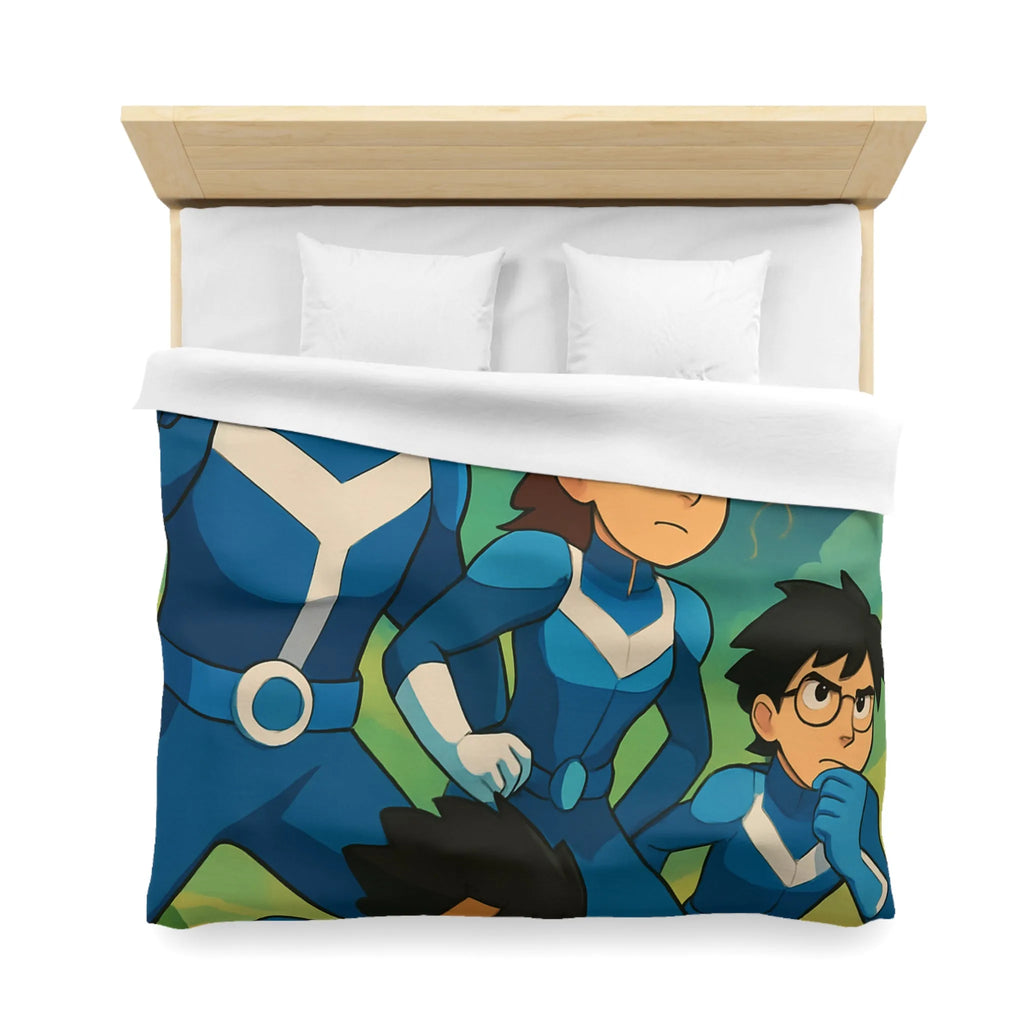 Housse de couette aventure : personnages animés et ciel orageux captivant pour chambre dynamique