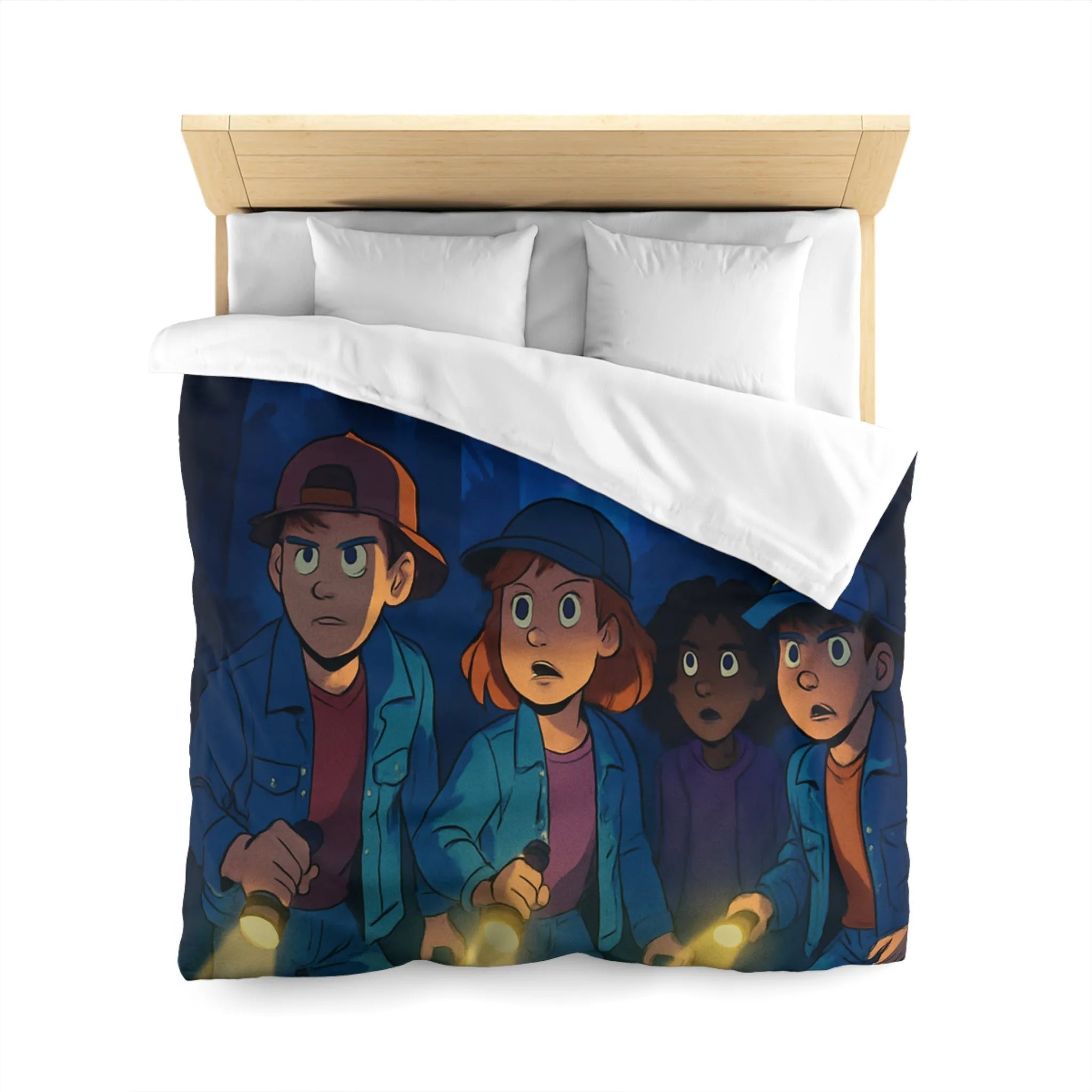 Housse de couette forêt mystérieuse enfants explorateurs avec lampes de poche illustration nocturne