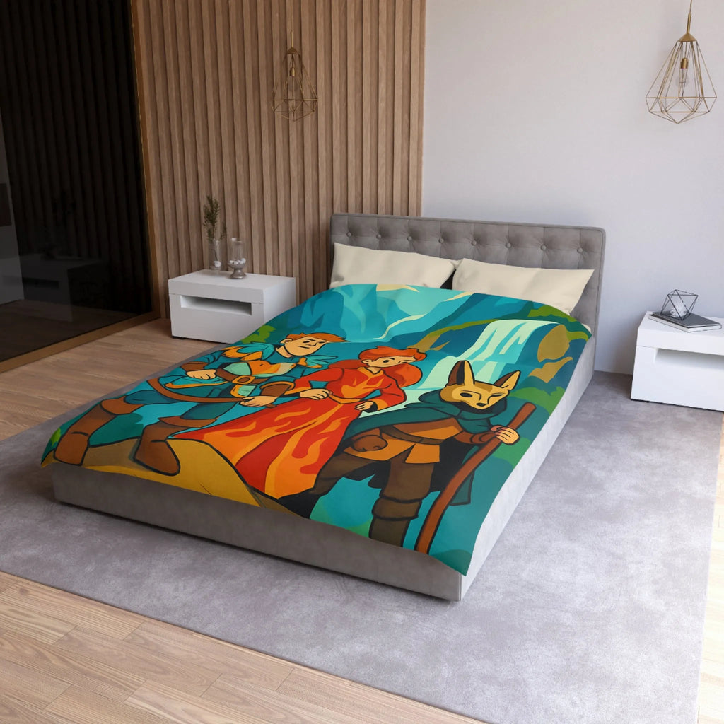 Housse de couette avec illustration aventureuse de personnages devant une cascade majestueuse