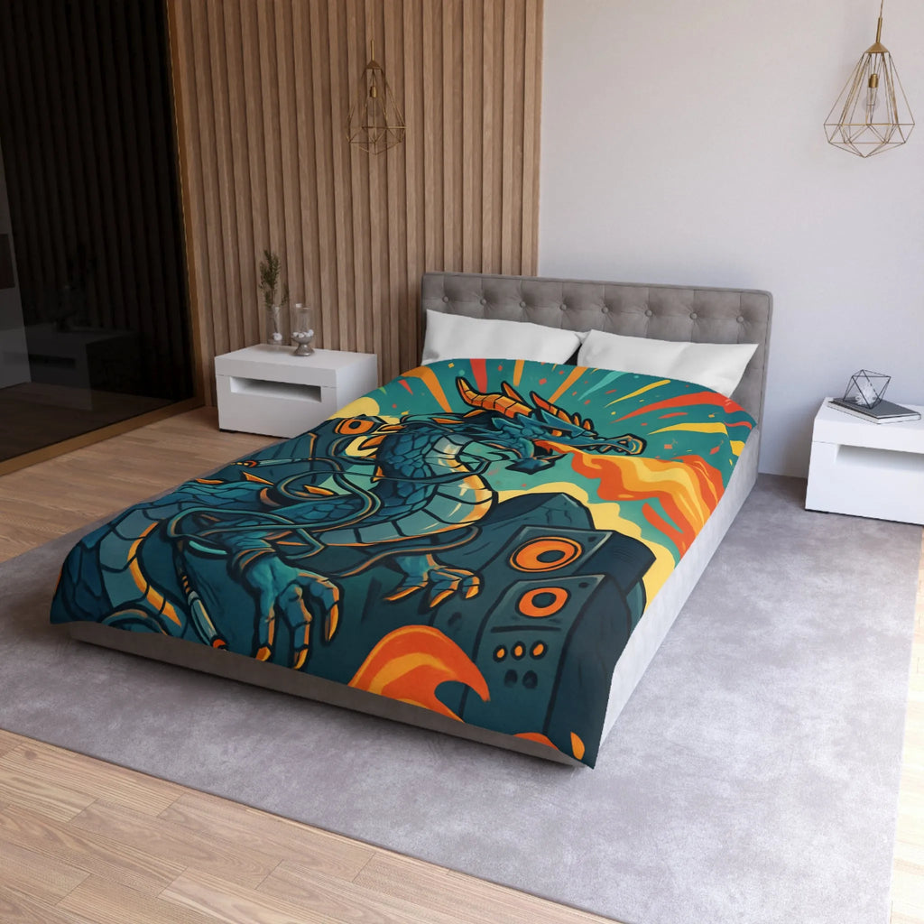 Housse de couette avec dragon fantaisie émettant flammes et musique vibrante rétro
