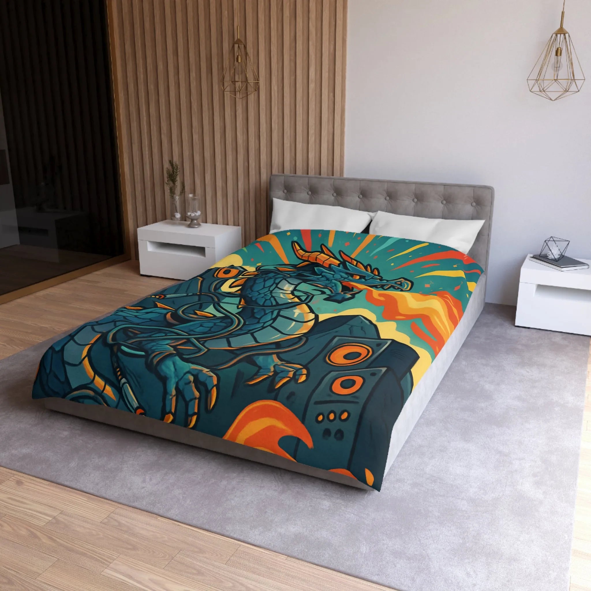 Housse de couette avec dragon fantaisie émettant flammes et musique vibrante rétro