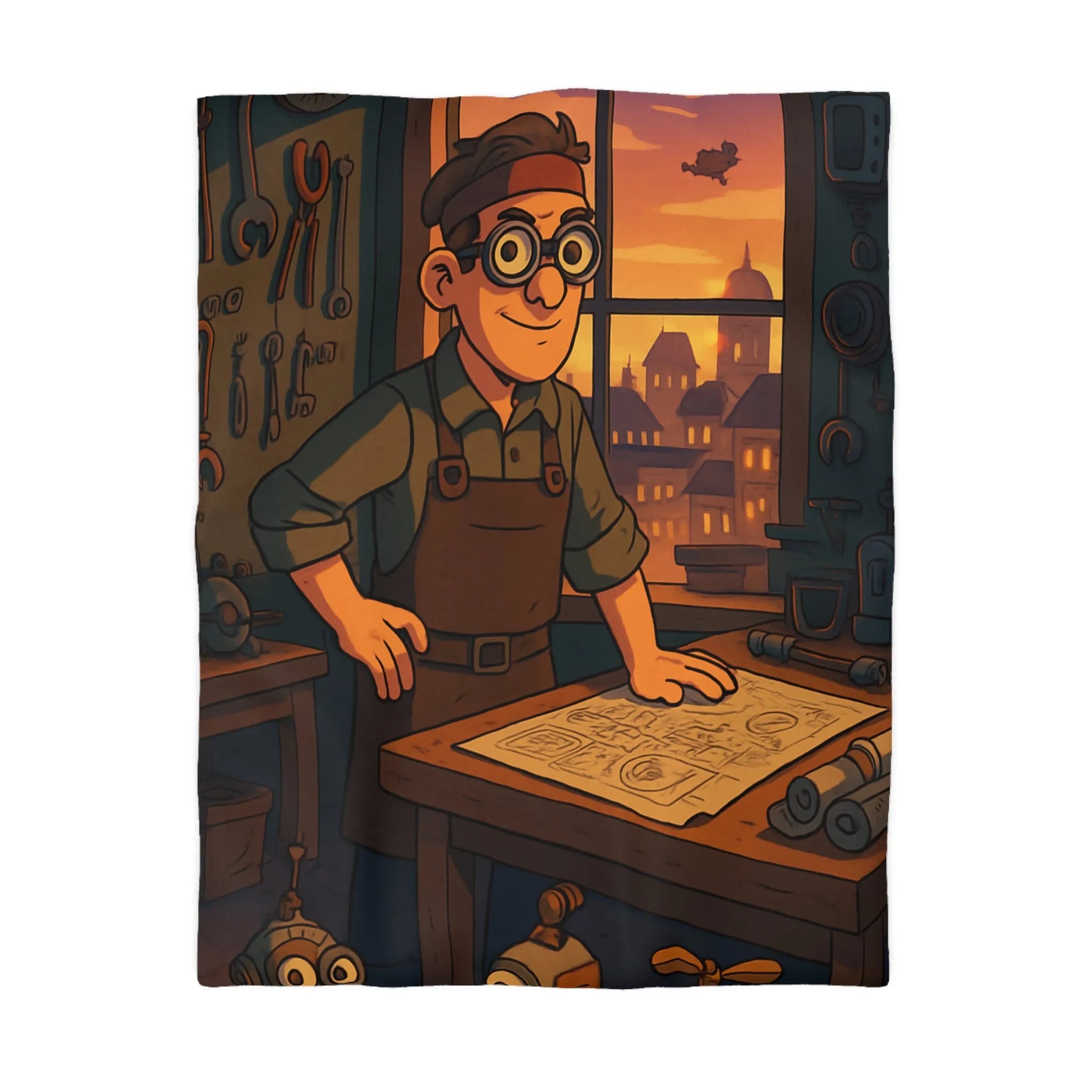 Housse de couette enfant avec illustration atelier rétro et robots amusants pour inventeur