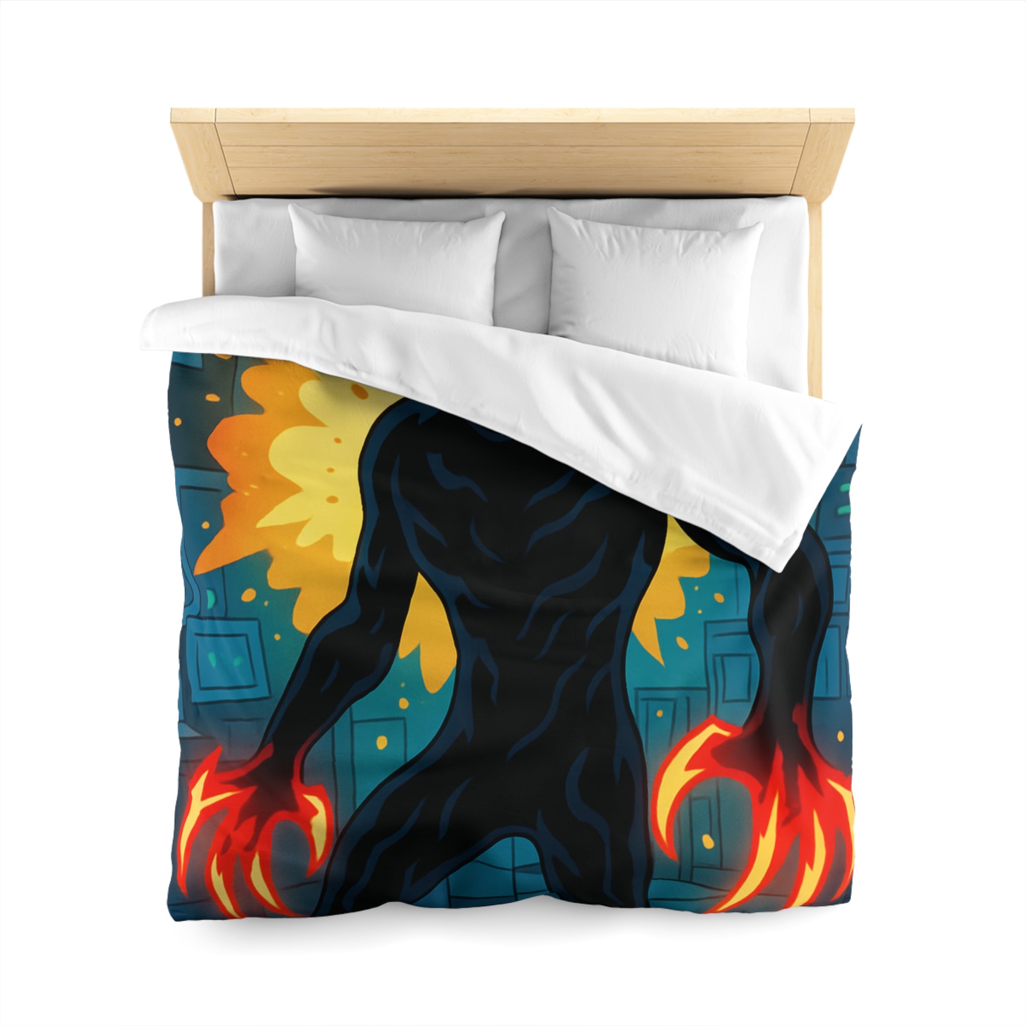 Housse de couette sombre avec créature enflammée aux griffes lumineuses