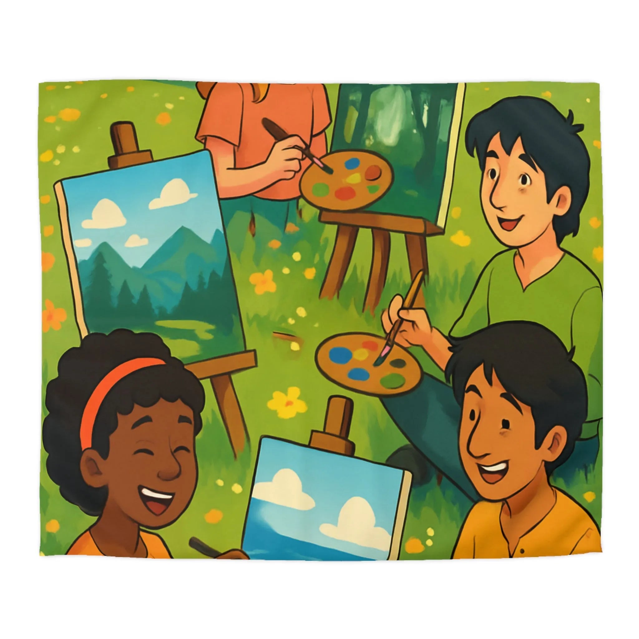 Housse de couette décorative avec enfants peignant dans champ fleuri en plein air