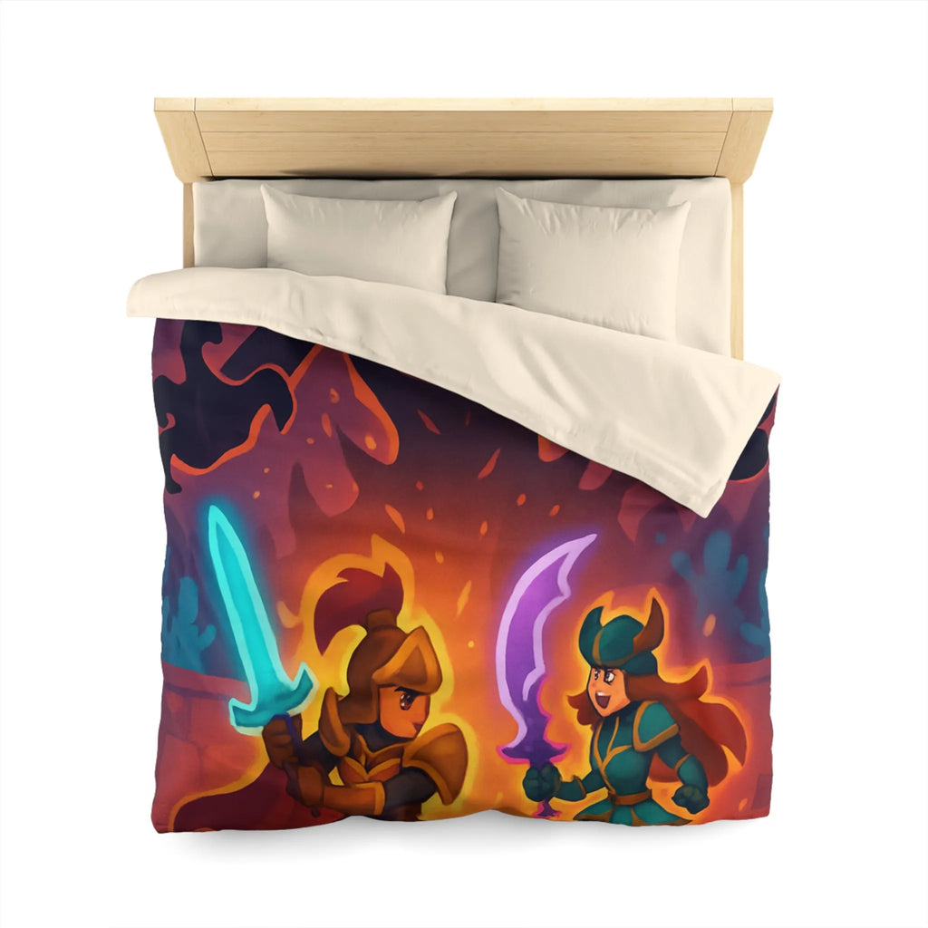 Housse de couette avec illustration fantasy de chevaliers affrontant ombre menaçante au théâtre