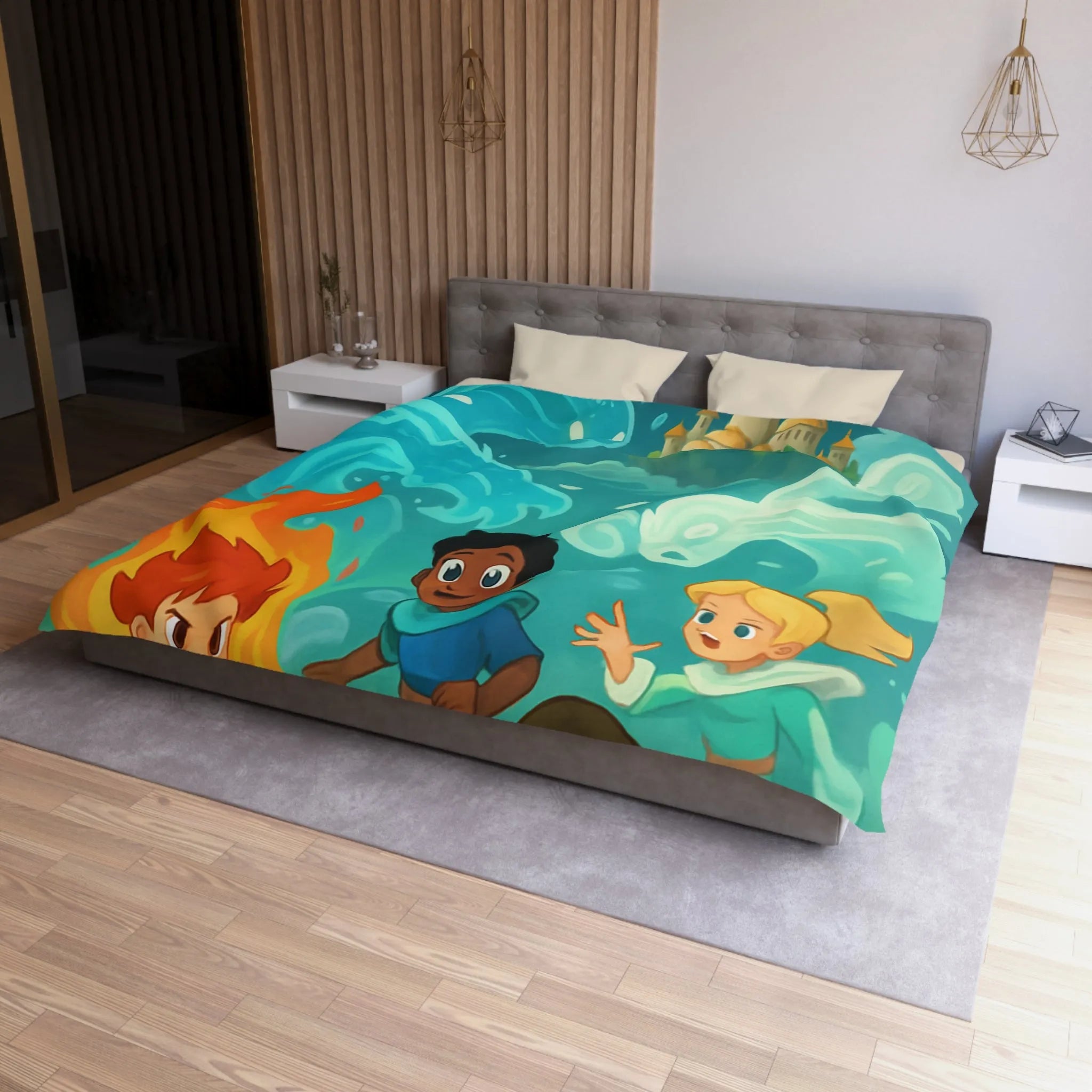 Housse de couette avec illustration de jeunes héros des éléments devant un château magique