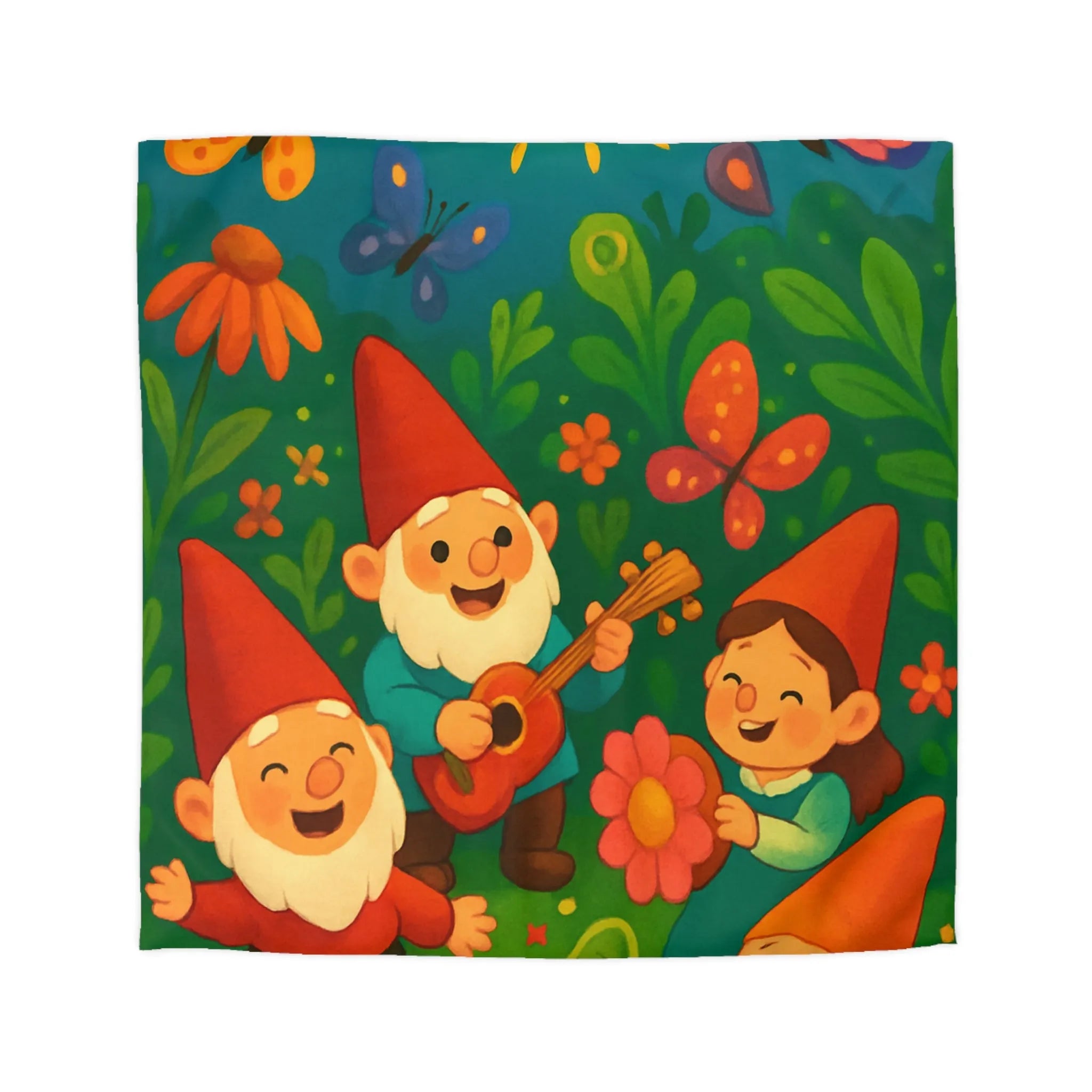 Housse de couette enfant joyeuse aux lutins dans un jardin ensoleillé et fleuri