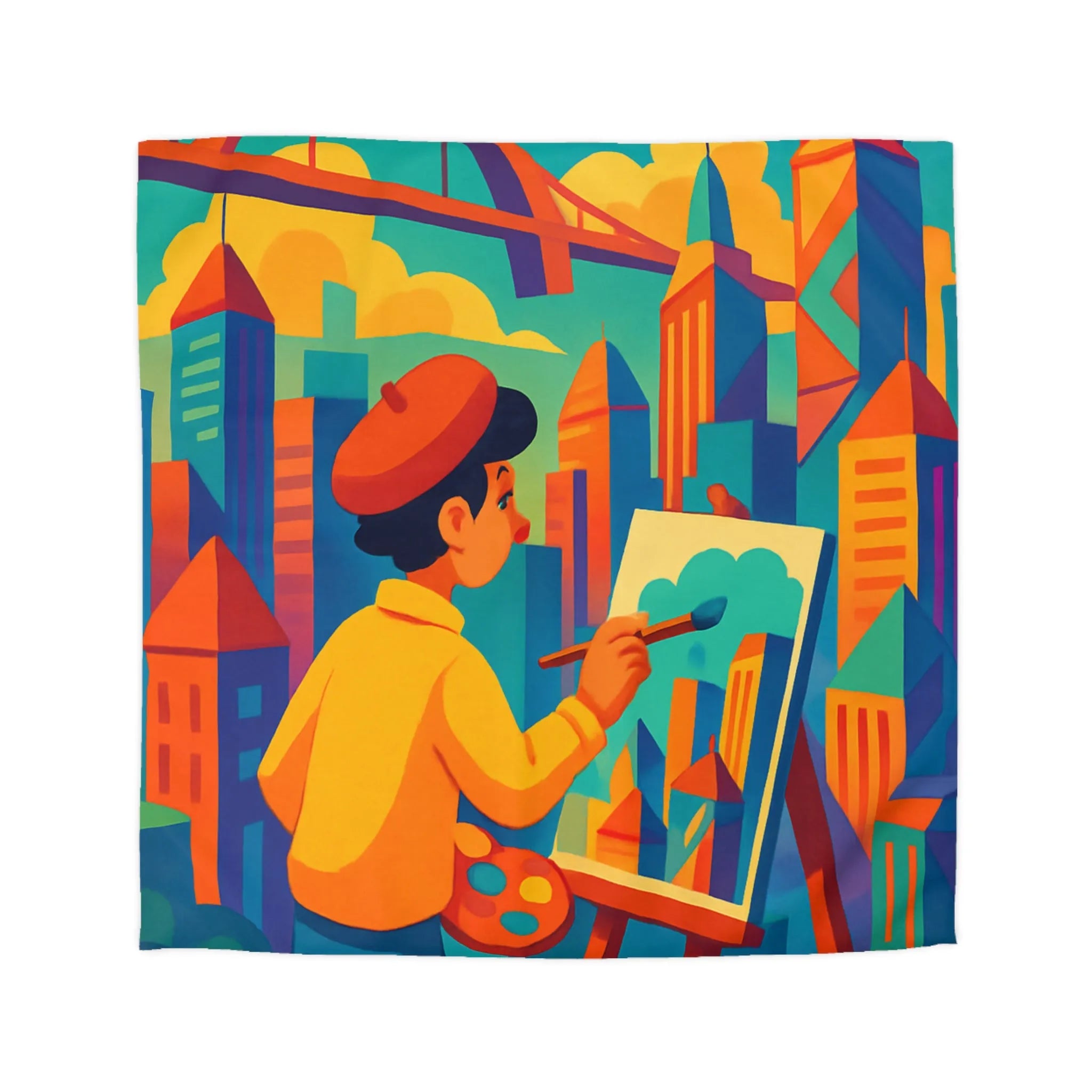 Housse de couette illustrée avec artiste et paysage urbain aux couleurs vibrantes