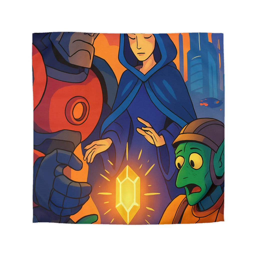 Housse de couette colorée avec illustration futuriste d'artefact mystérieux et personnages intrigants