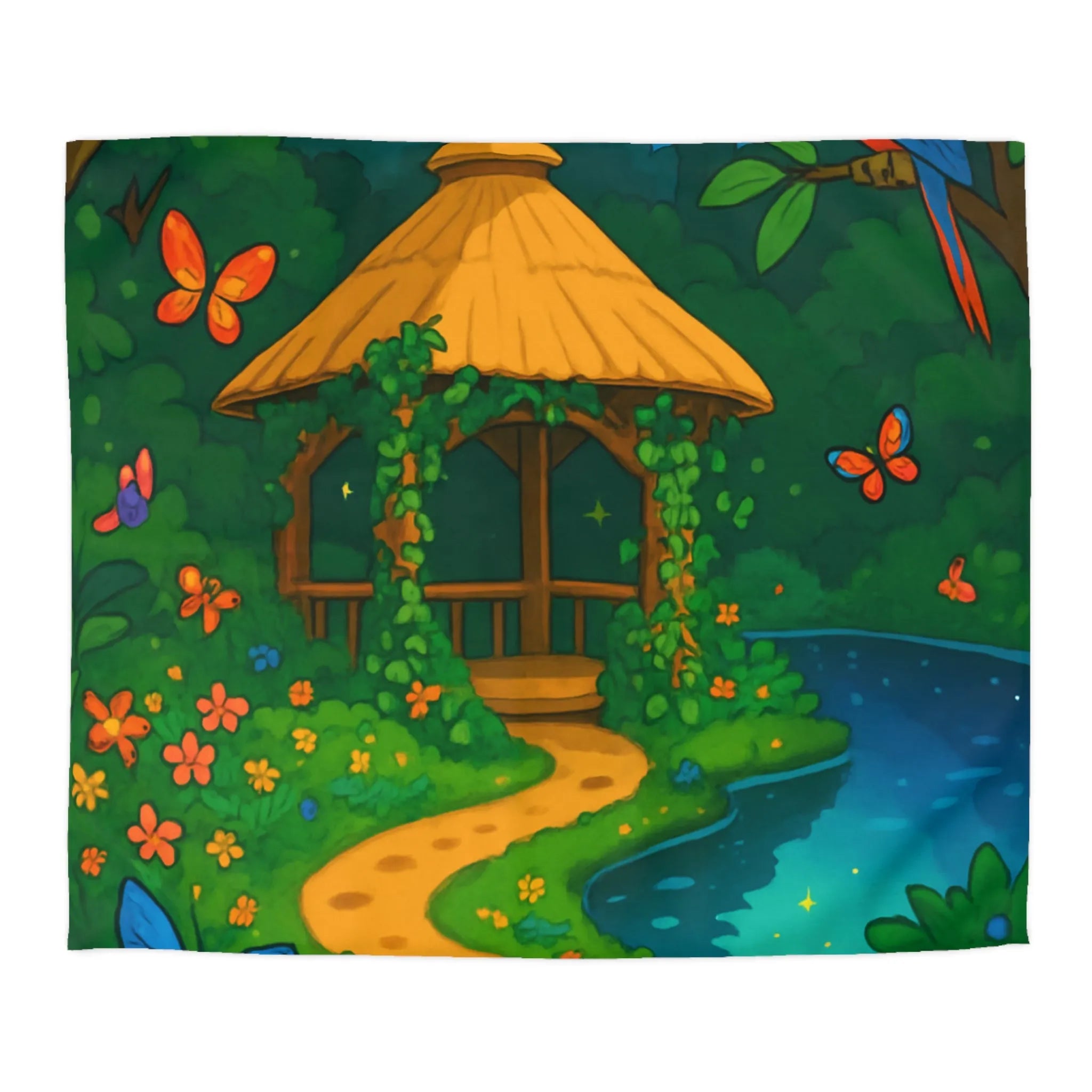 Housse de Couette Illustrée, Forêt Tropicale Nocturne avec Oiseaux et Papillons Colorés