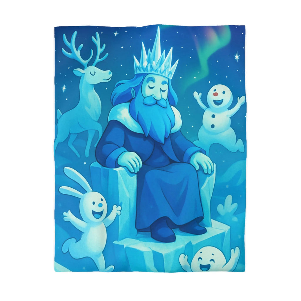 Housse de couette bleue roi de glace avec animaux et aurore boréale hivernale festive