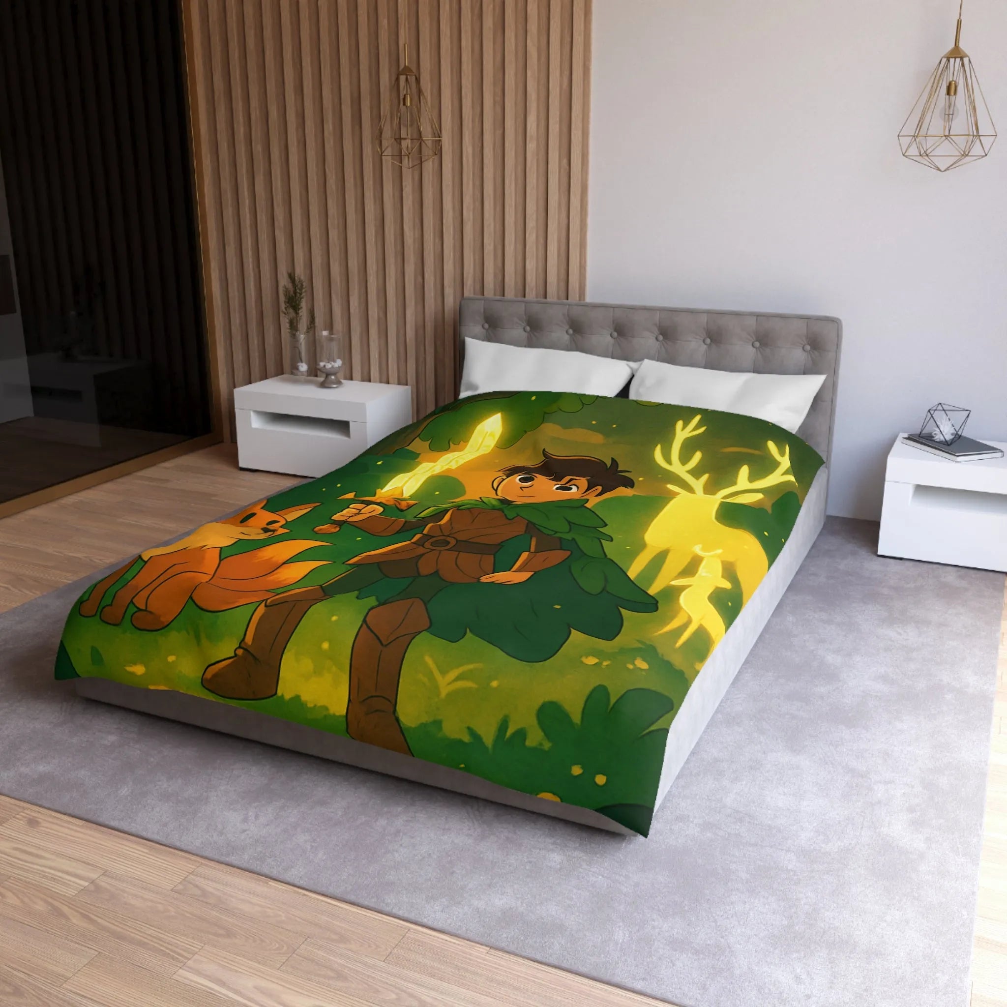 Housse de Couette Enfantine Fantasy avec Chevalier, Renard et Cerfs Magiques Lumineux