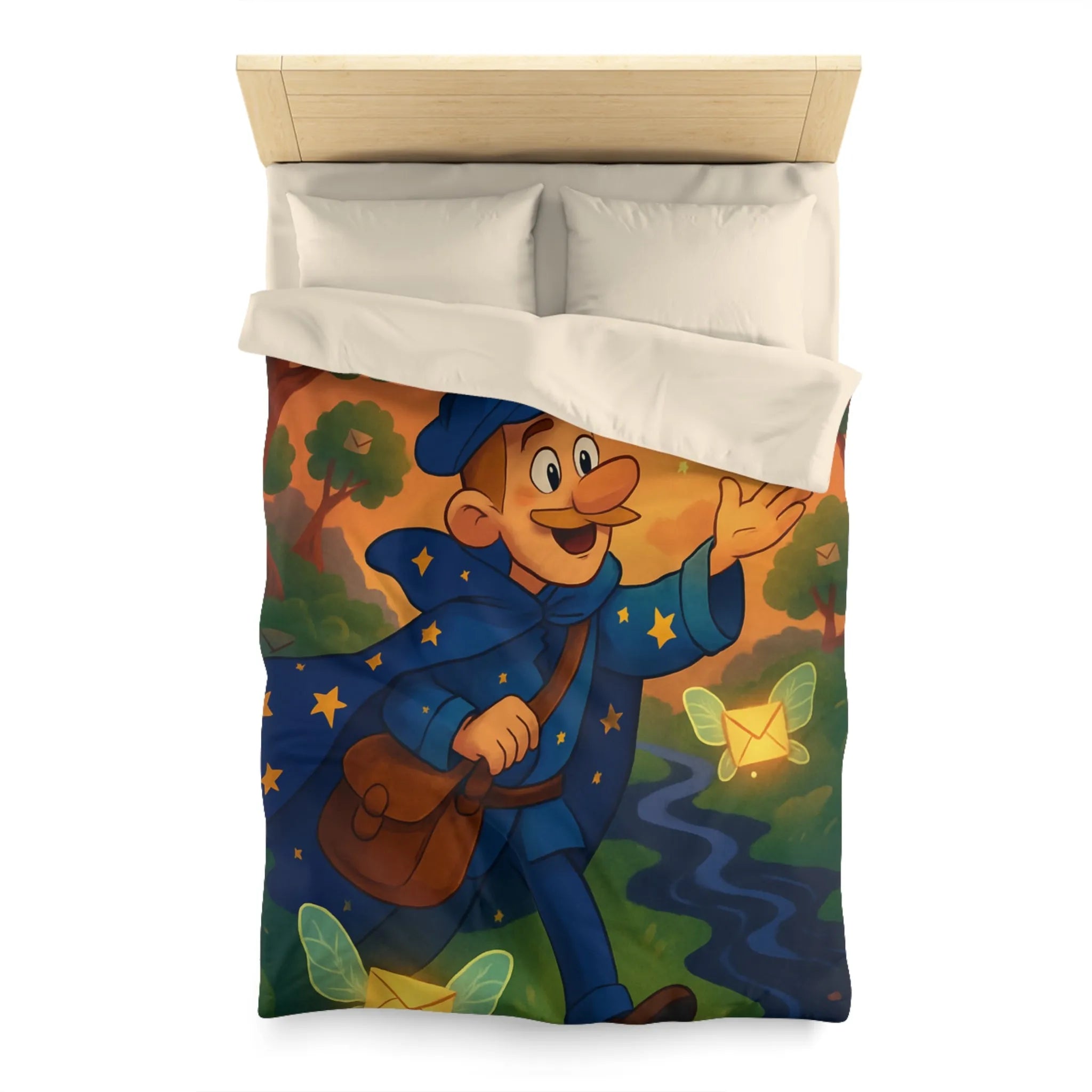 Housse de Couette Enfantine Magique Forêt Ambiance Nocturne Étoiles Arborées Postier Joyeux