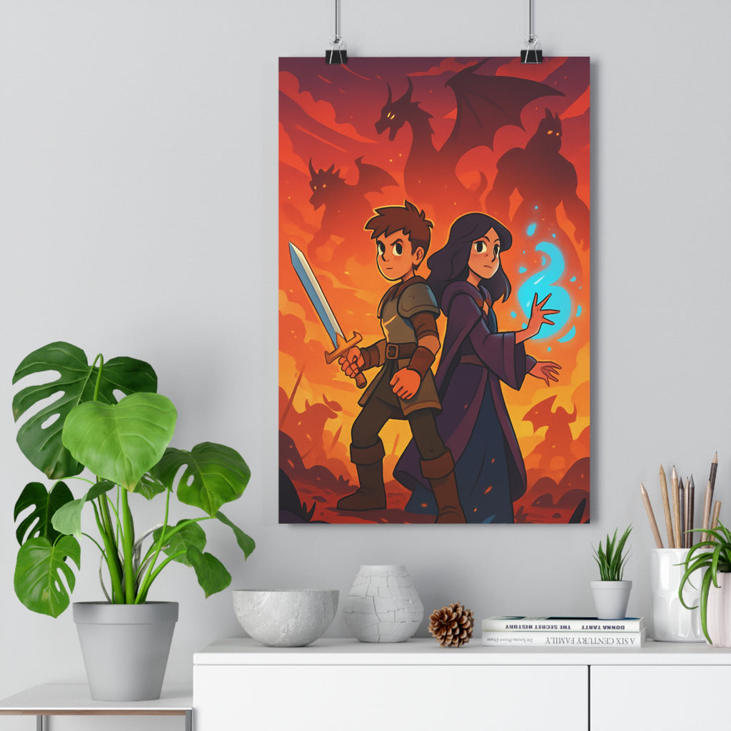 Poster décoratif fantasy épique coloré rouge orange salon chambre dragons magie épée aventure vibrant