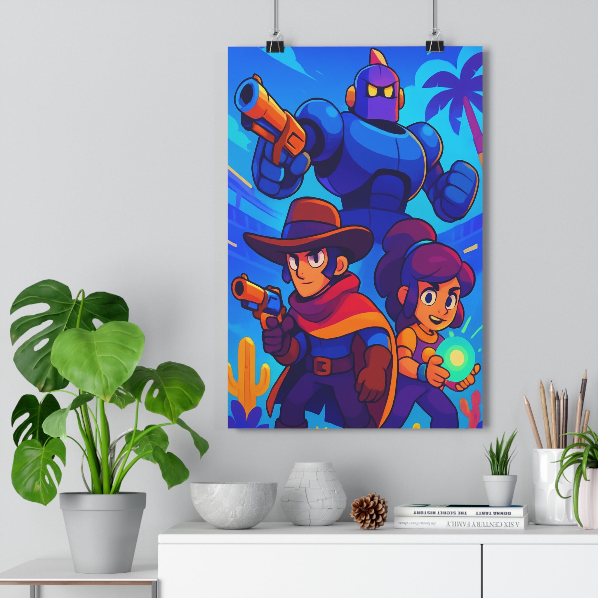 Poster décoratif cartoon bleu orange violet chambre enfant aventure dynamique énergique robot cowboy lumineux