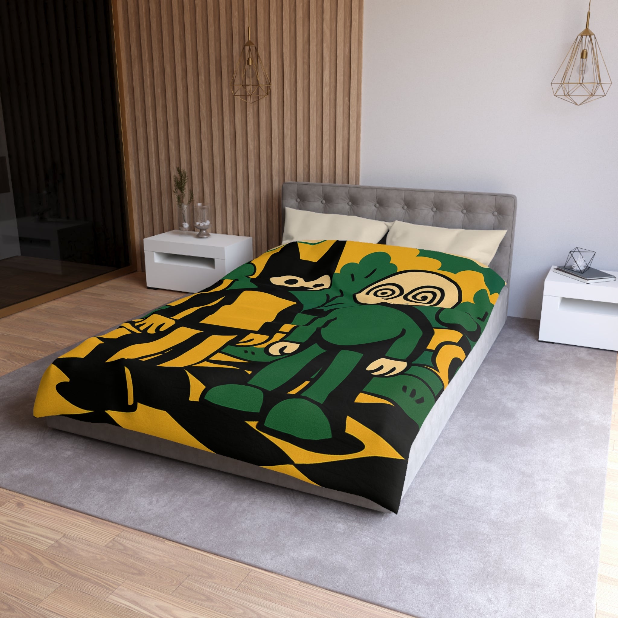 Housse de couette style pop-art cartoon avec personnages et paysage graphique original