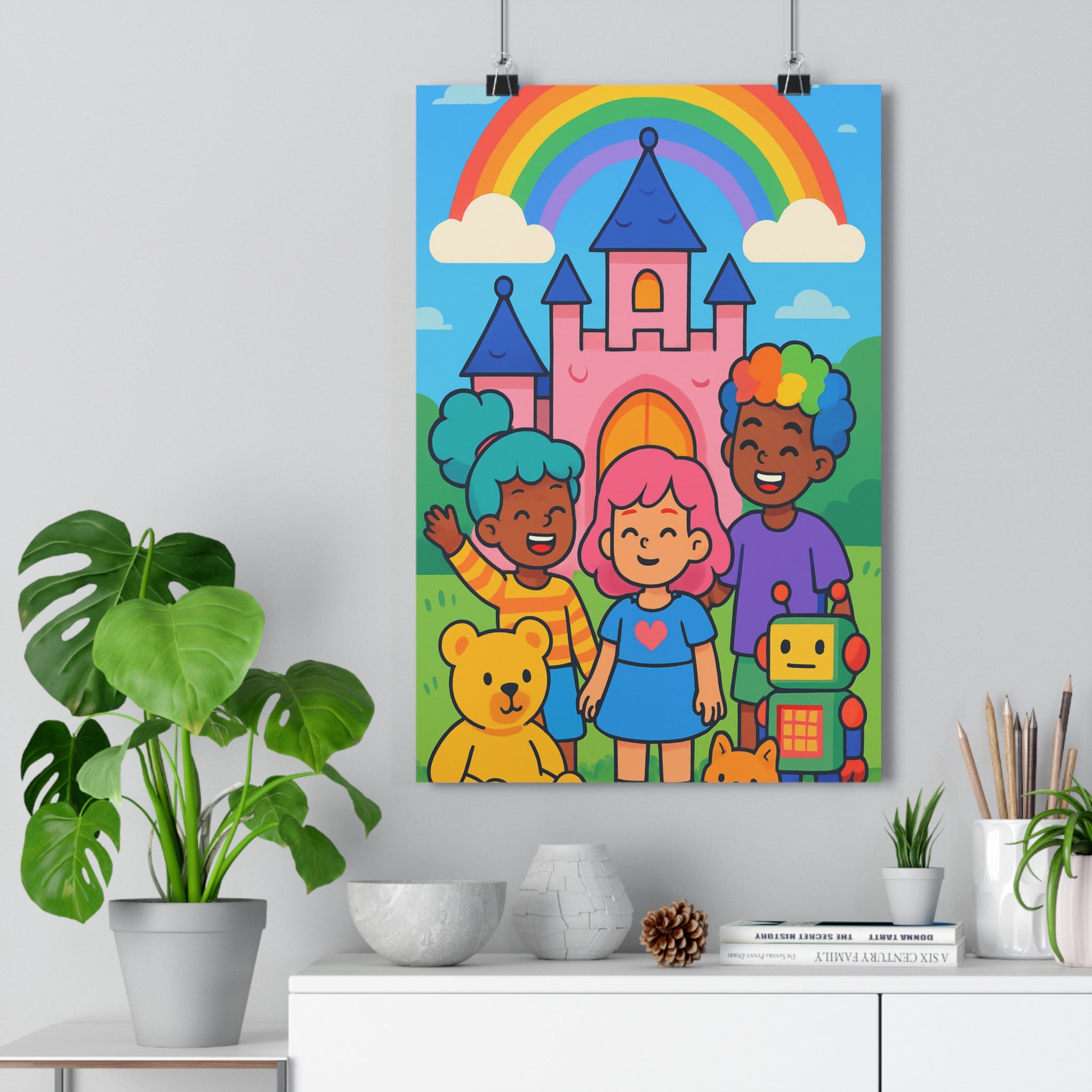 Poster décoratif anime coloré aventure joyeux chambre enfant ludique rose arcenciel château 30x46 cm