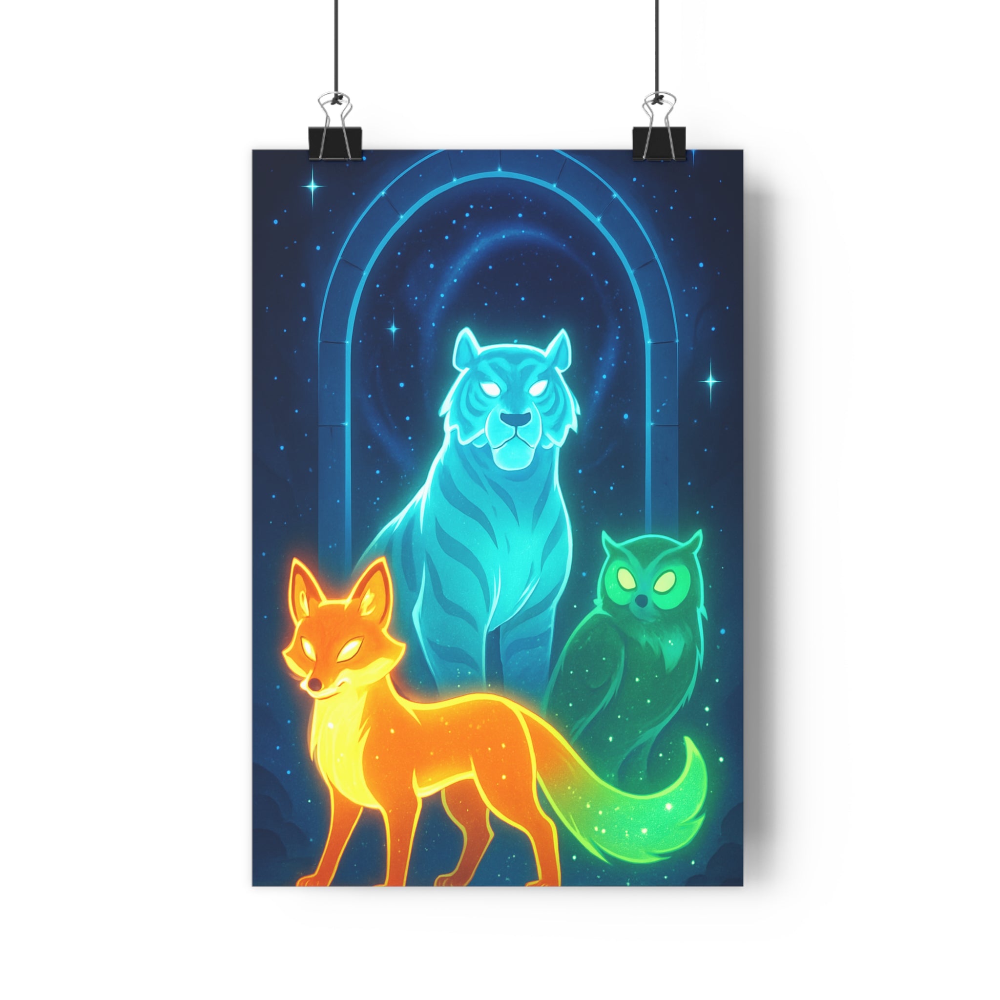 Poster décoratif créatures mystiques bleu orange vert cartoon fantastique mystérieux chambre enfant ambiance captivante