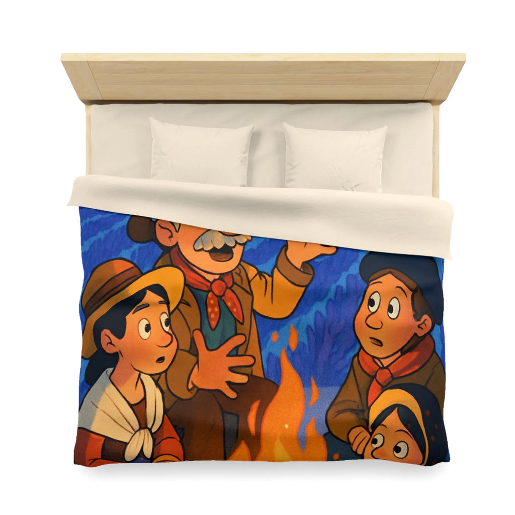 Housse de couette colorée avec scène animée racontant une histoire sous les étoiles