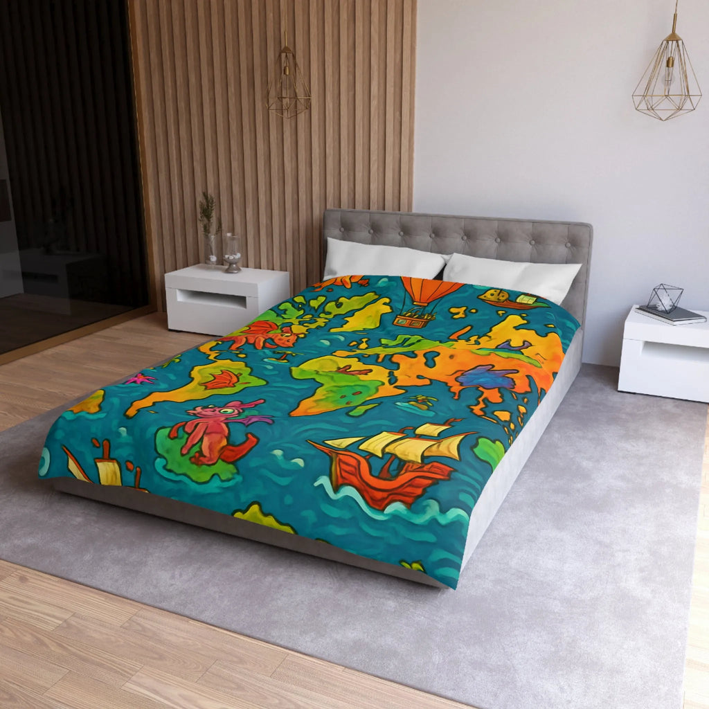 Housse de couette carte monde fantastique avec dragons et bateaux pour enfant