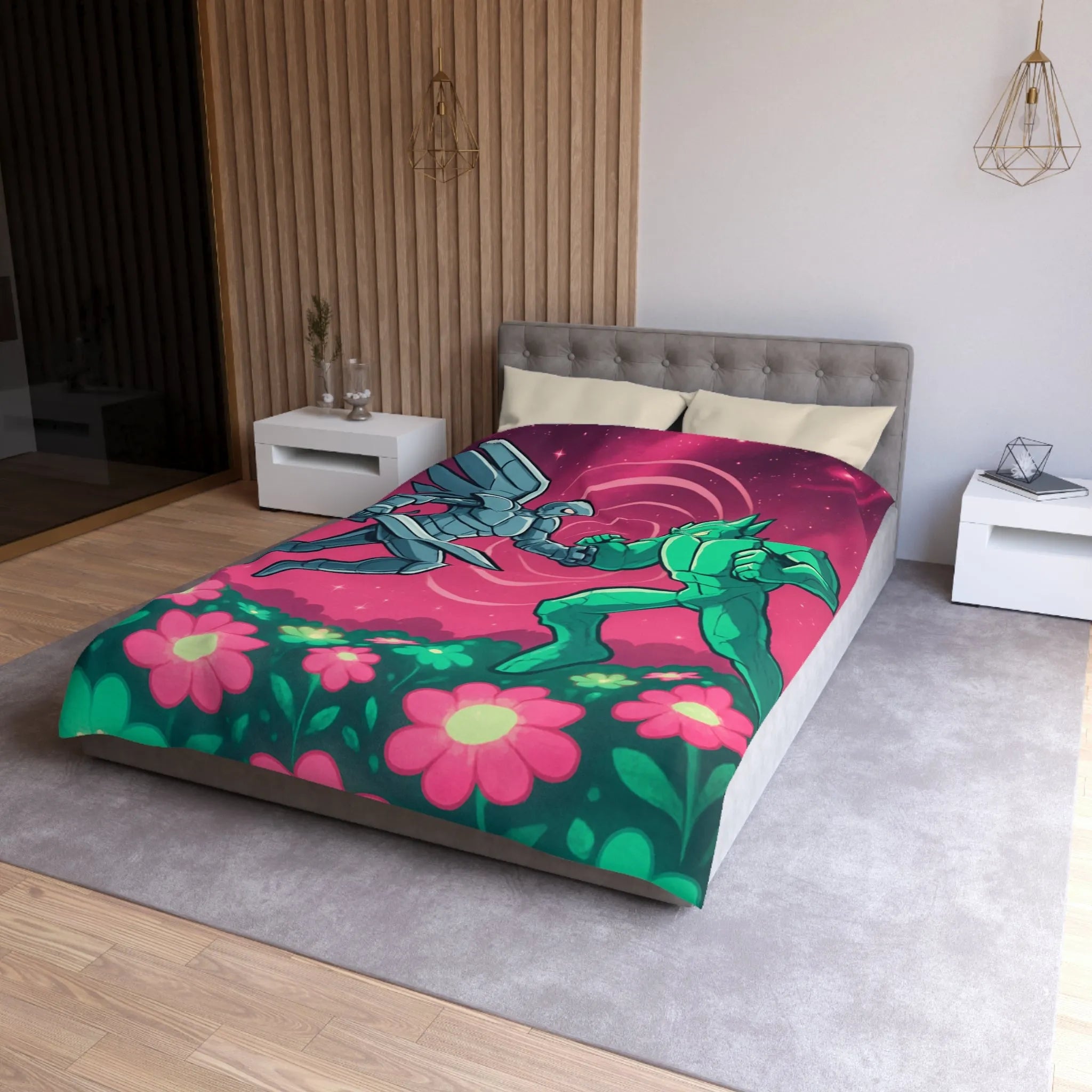 Housse de couette illustrée super-héros ailé avec scène de combat cosmique floral coloré