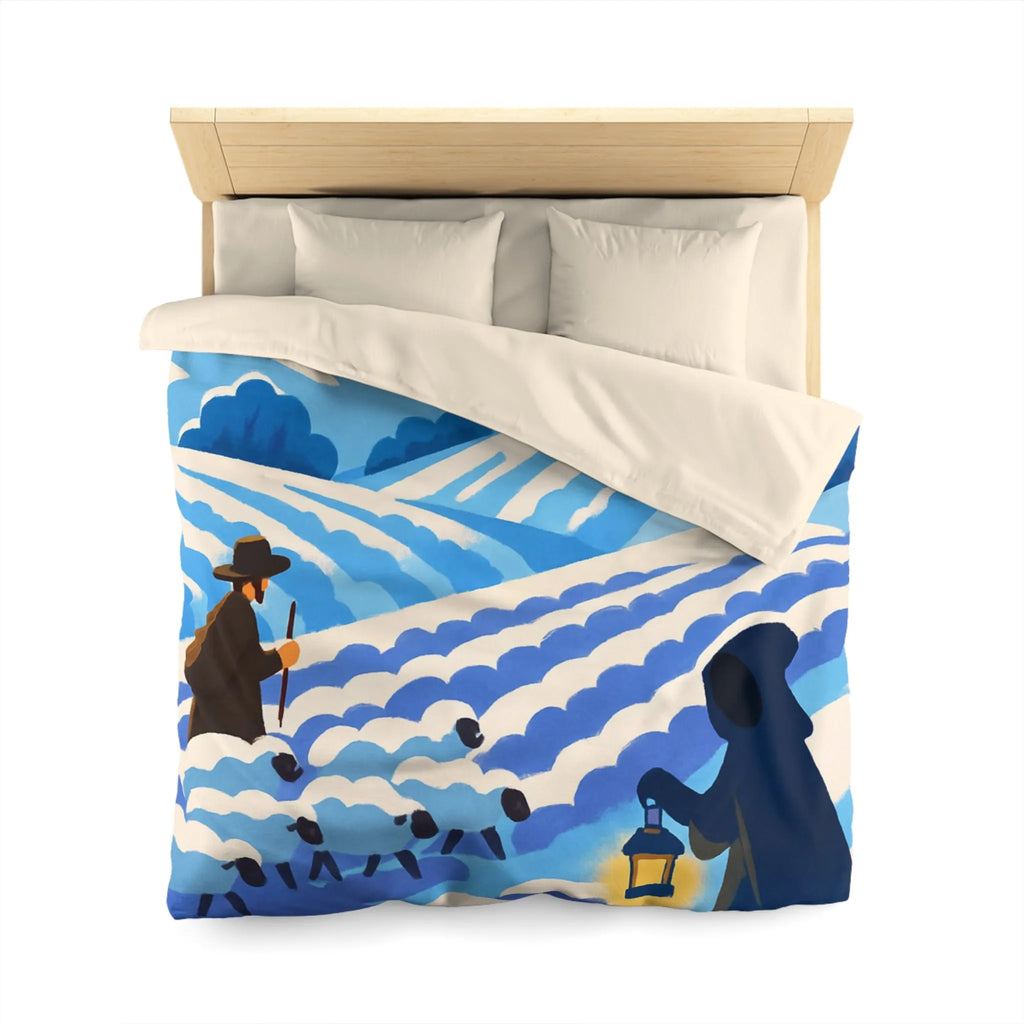 Housse de couette champêtre avec berger, moutons et moulin dans un paysage rêveur