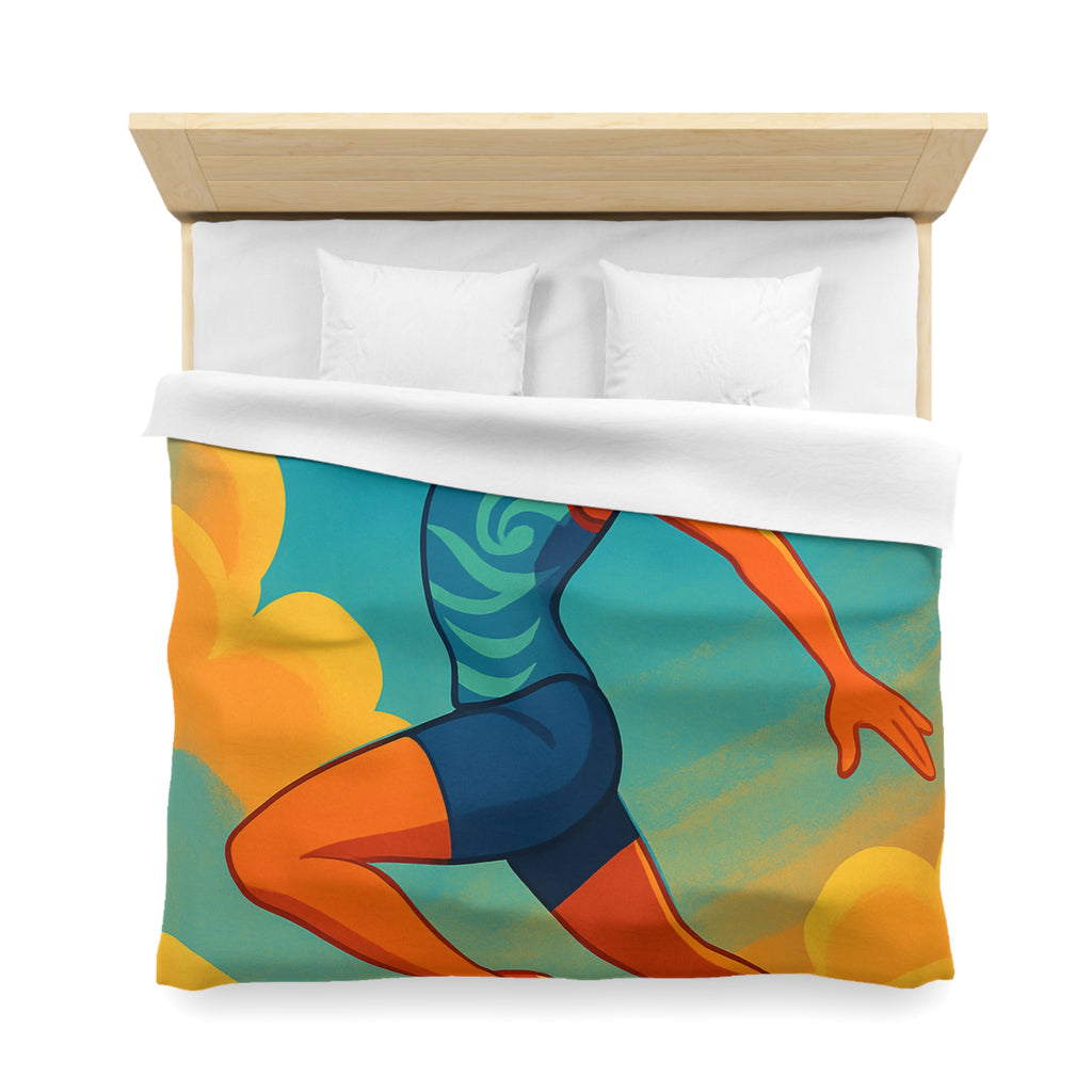 Housse de couette sportive colorée, femme jouant freesbee sous ciel bleu dynamique ultime