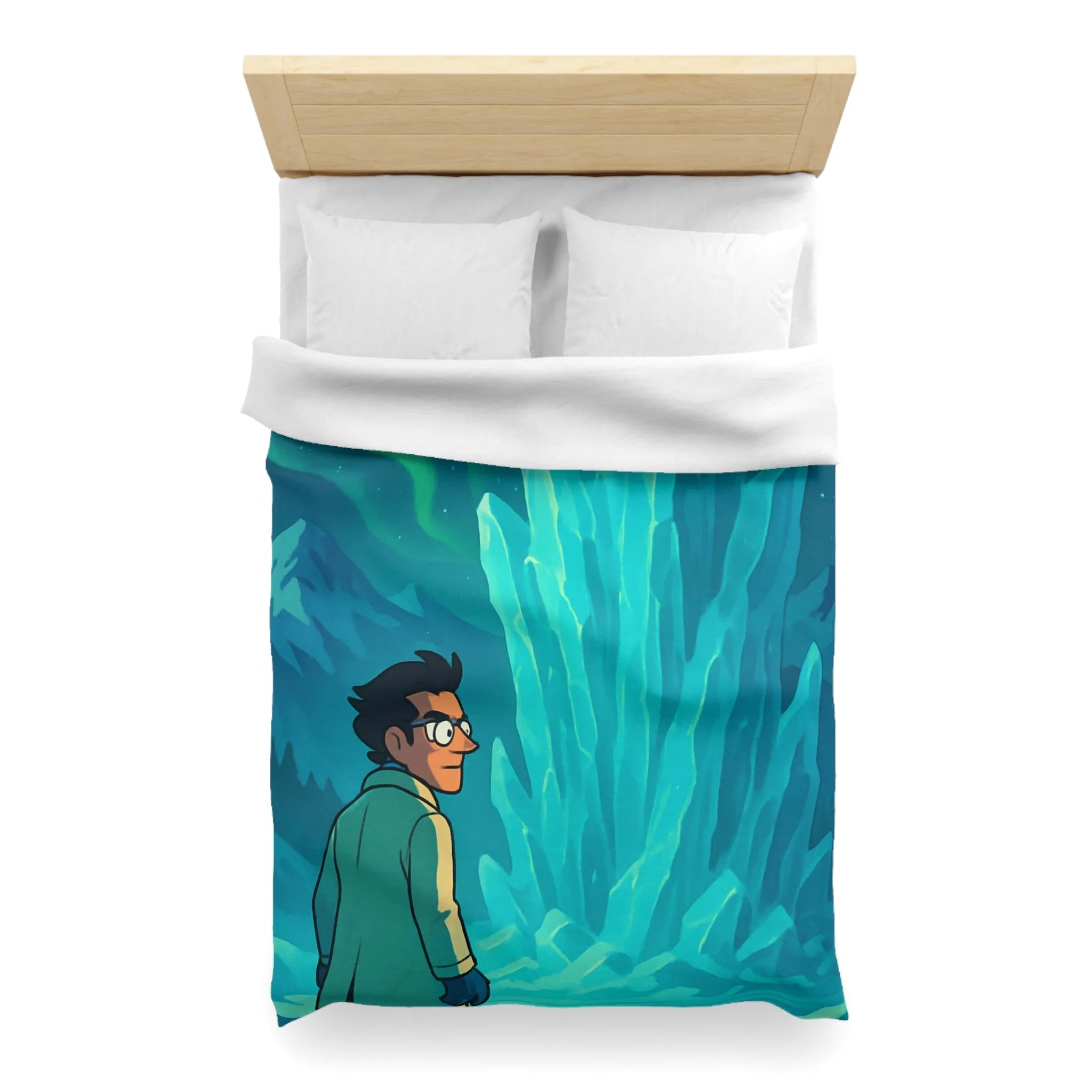 Décor polaire avec icebergs géants et exploration nocturne sous aurores boréales glaciales