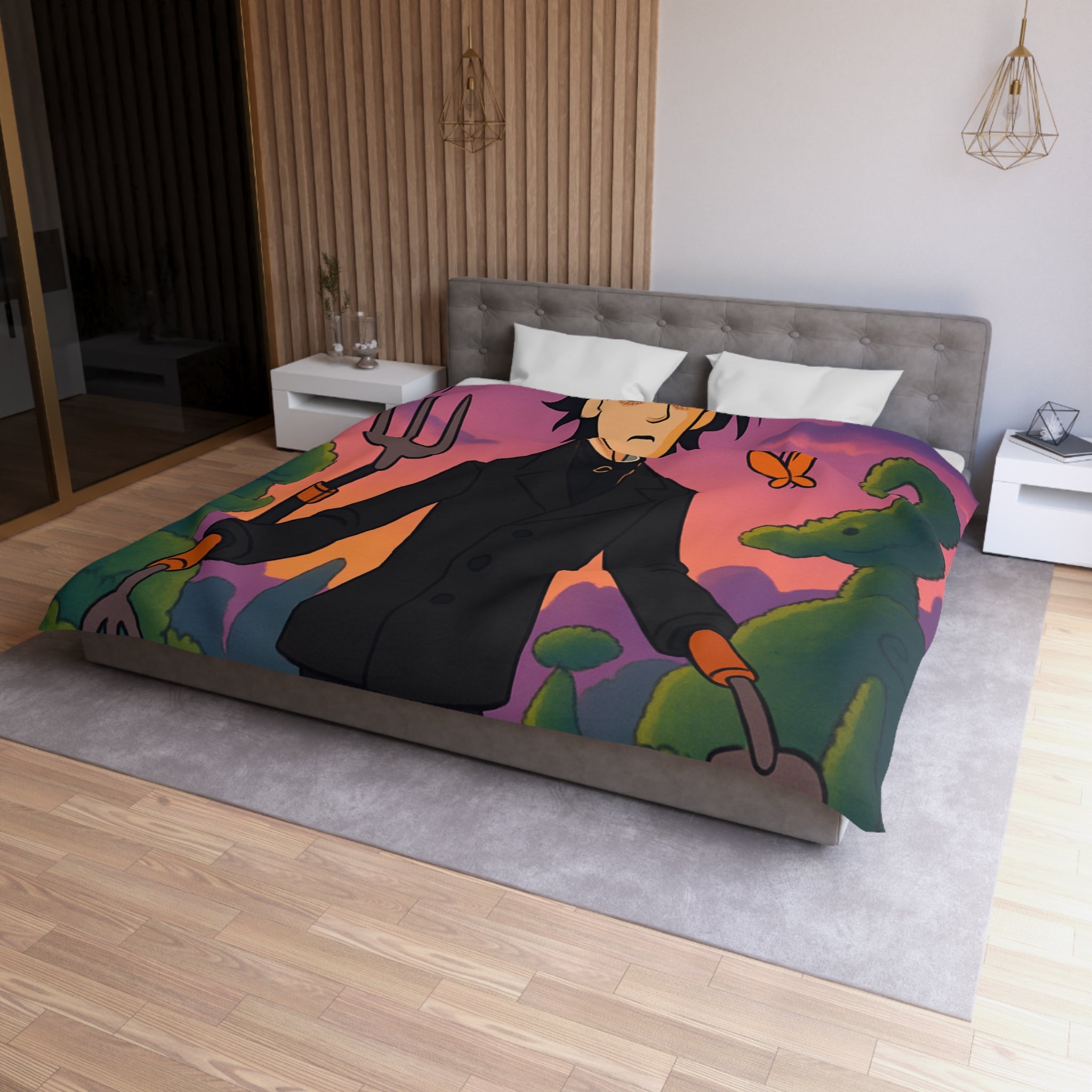 Housse de couette stylée avec personnage rêveur, jardin magique et papillons colorés