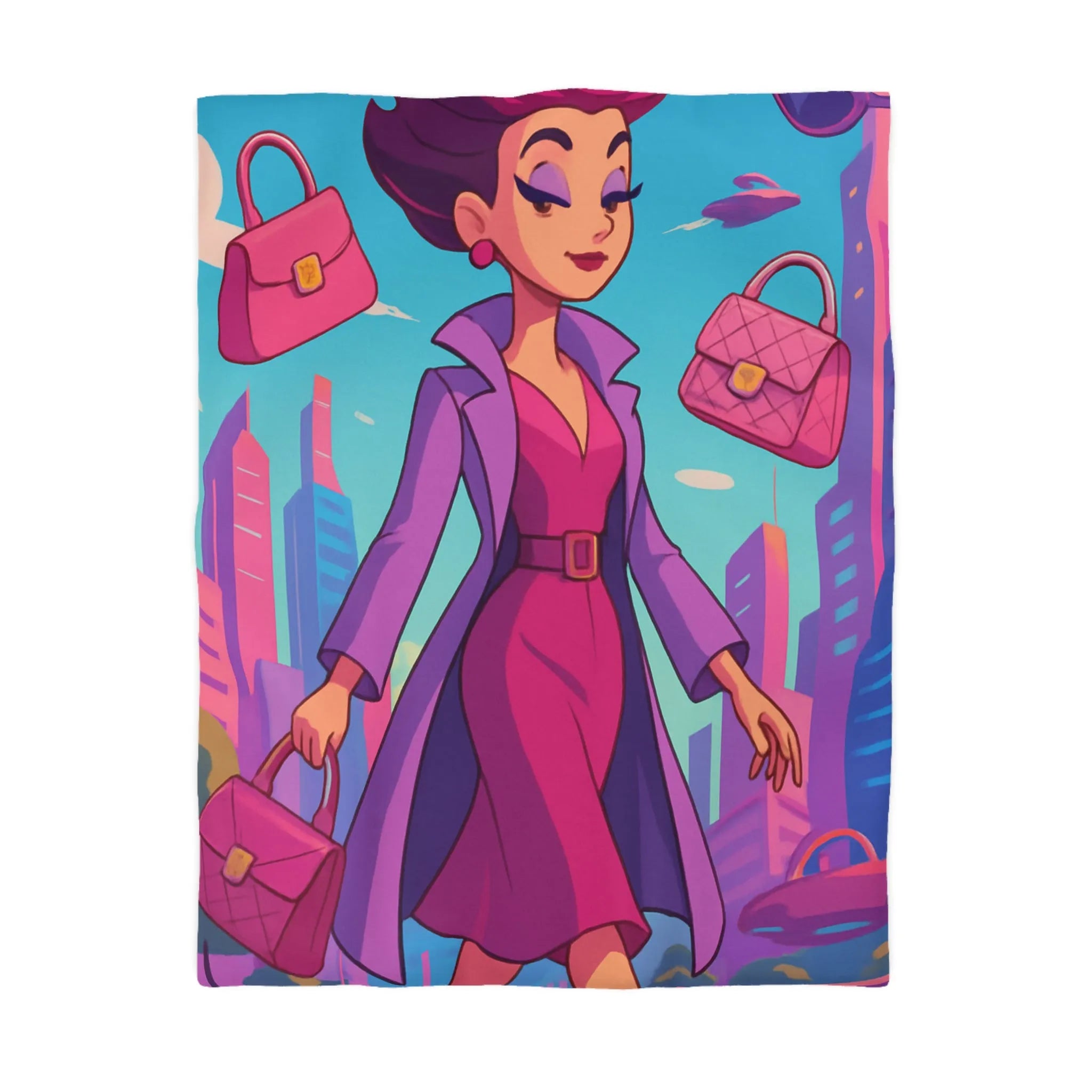 Élégante illustration urbaine rétro-futuriste avec personnage glamour et accessoires stylés en rose