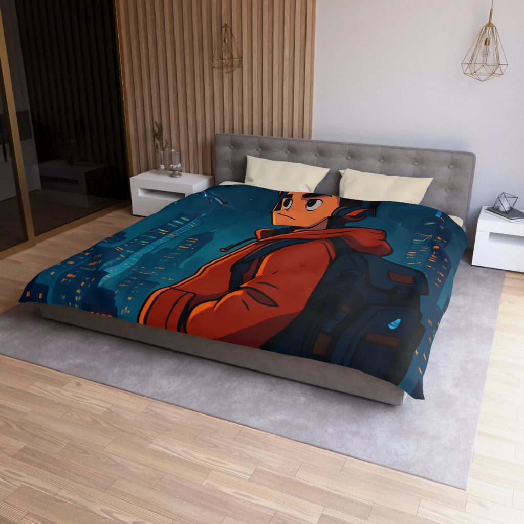 Housse de couette ado moderne nocturne avec personnage urbain et drones dans le ciel
