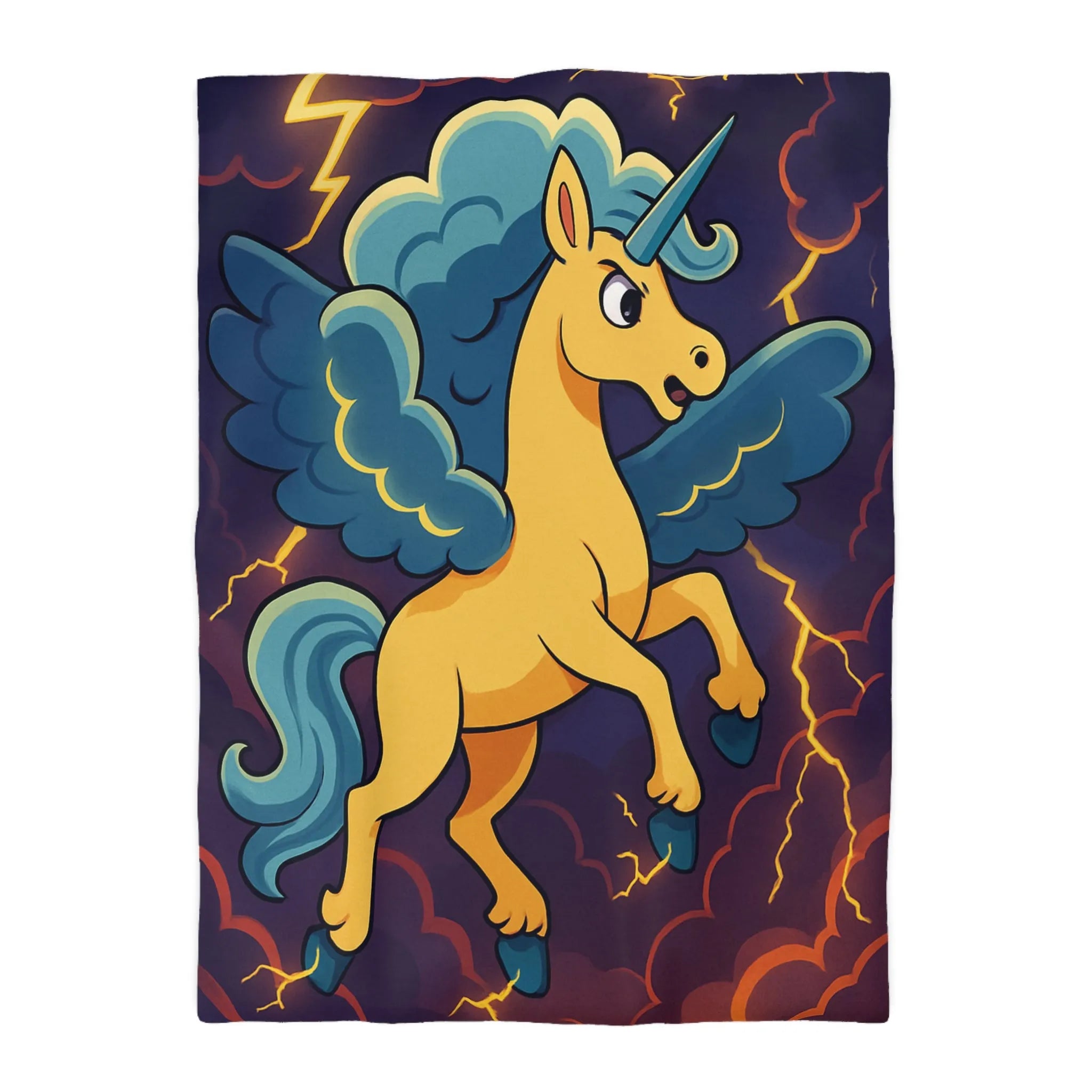Housse de Couette Fantaisie Licorne Ailée avec Nuages Orageux et Éclairs Majestueux