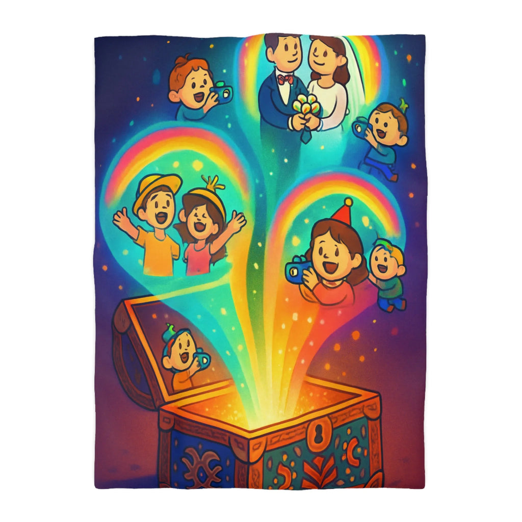 Housse de couette colorée avec coffre magique et souvenirs lumineux pour chambre joyeuse