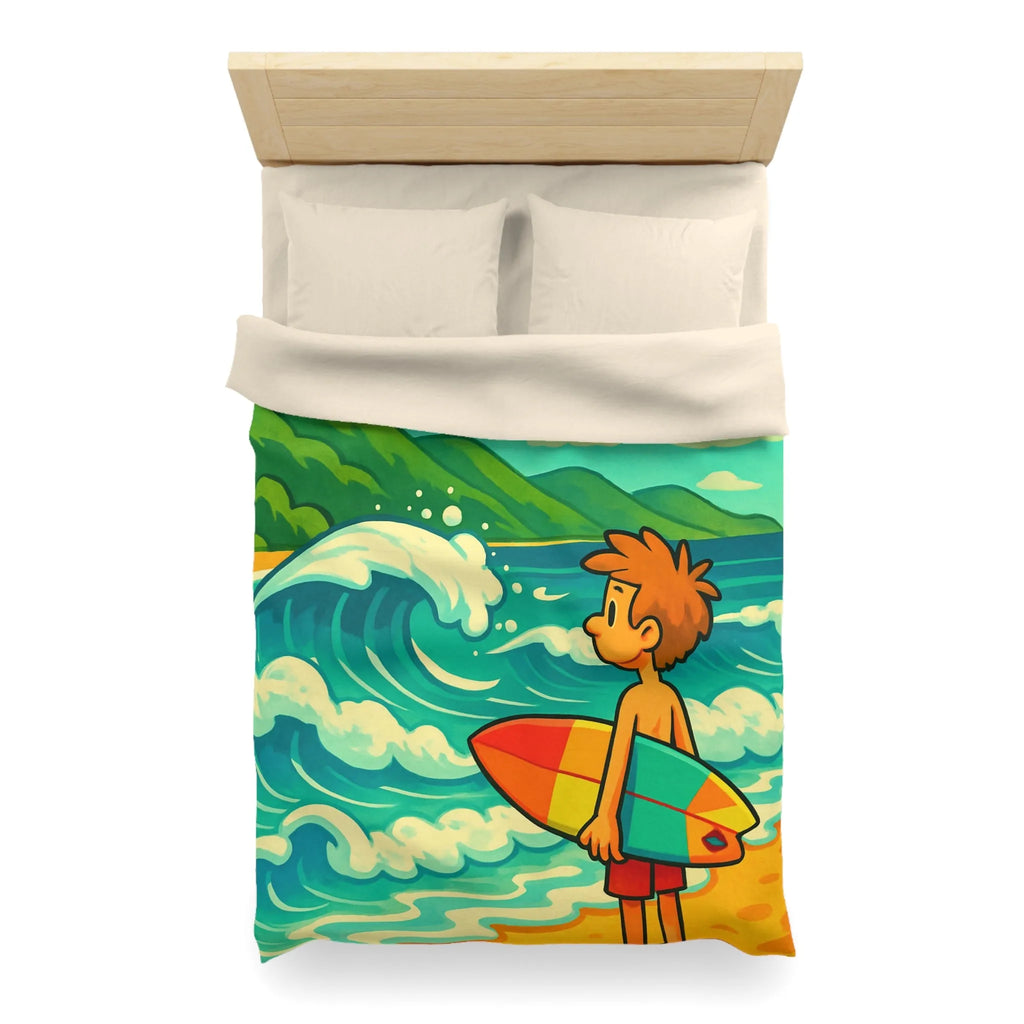 Housse de couette avec dessin coloré de plage pour enfants et surfeur