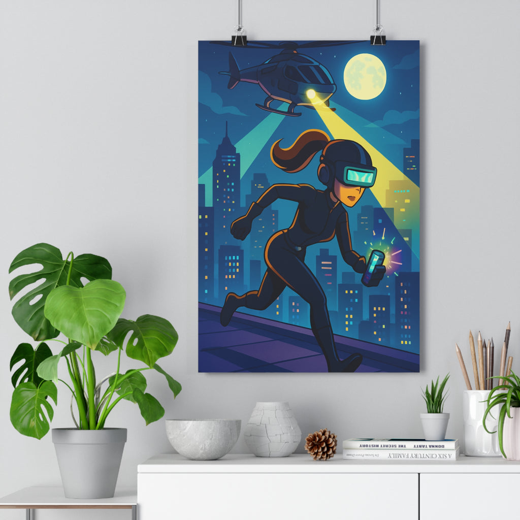 Poster décoratif espionnage femme futuriste noir bleu cyberpunk animé mystère lumineux nuit ville tendance