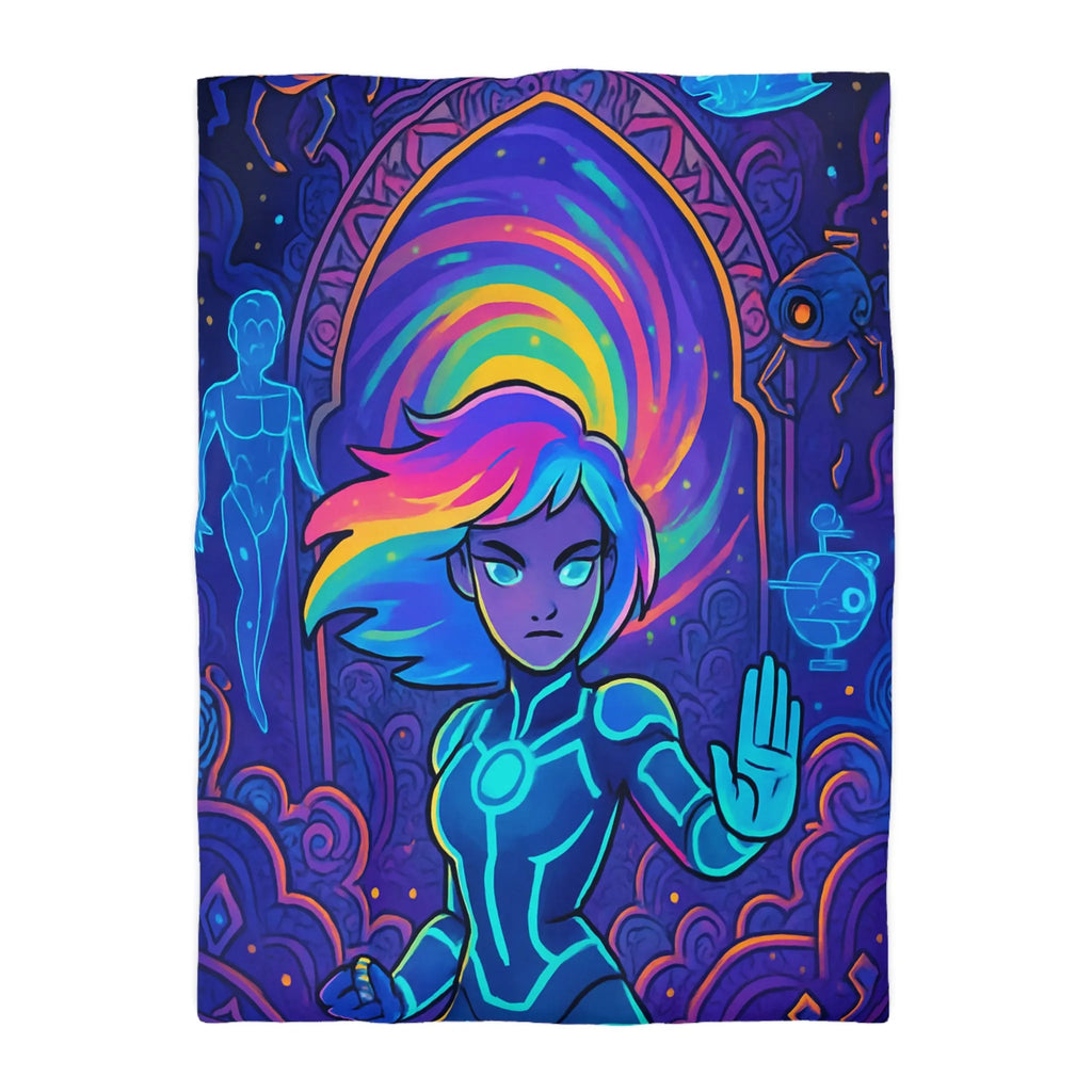 Housse de couette futuriste avec design néon multicolore et personnage dynamique