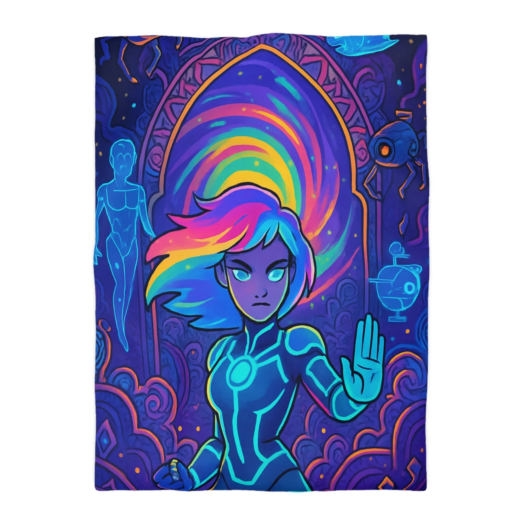 Housse de couette futuriste avec design néon multicolore et personnage dynamique